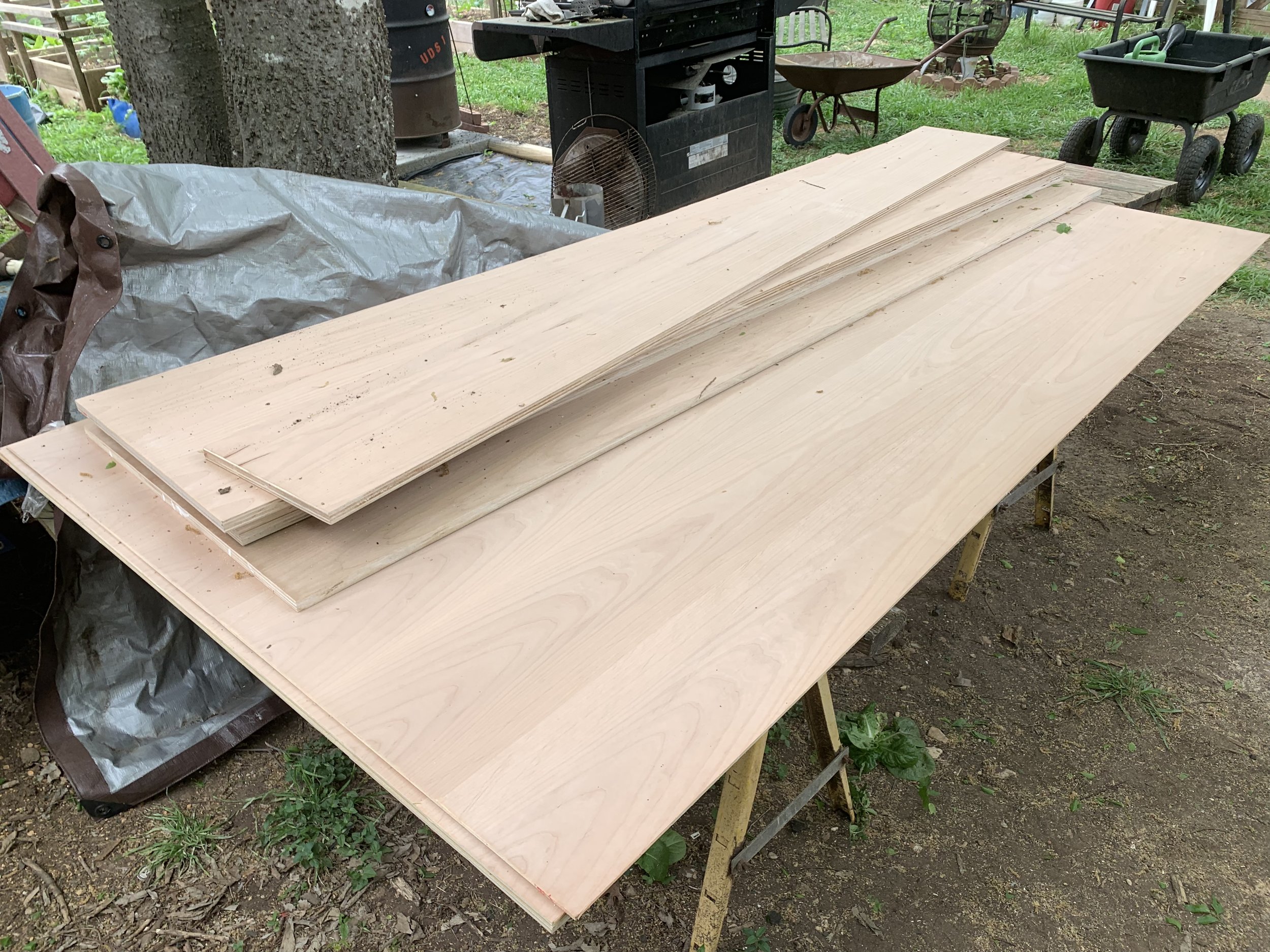  With our big cuts done, we ripped the pieces in half for the backs and sides. Unfortunately, we needed one extra sheet. Oh darn. I have to go back to Austin Fine Lumber… 