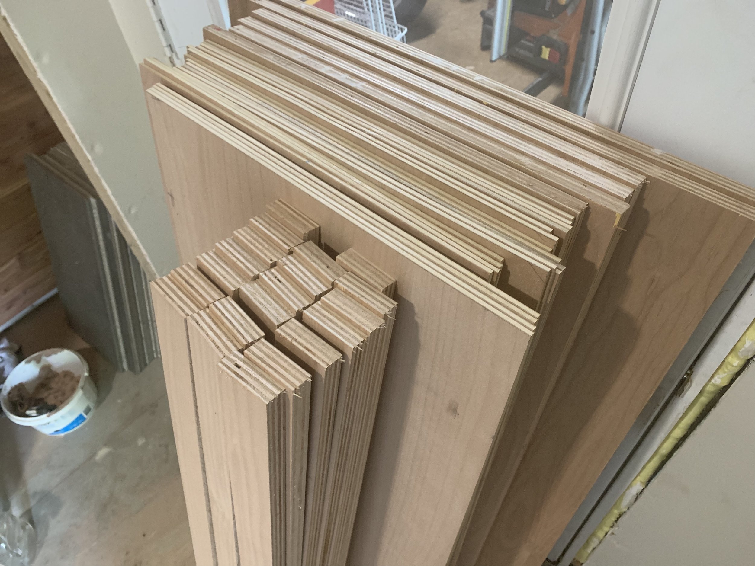  All of our pieces are ready! The thick pieces toward the back are the sides and the back of the diffuser. The thin pieces are the dividers. The really narrow but thick pieces in the front will be placed in between the dividers at specific depths.&nb