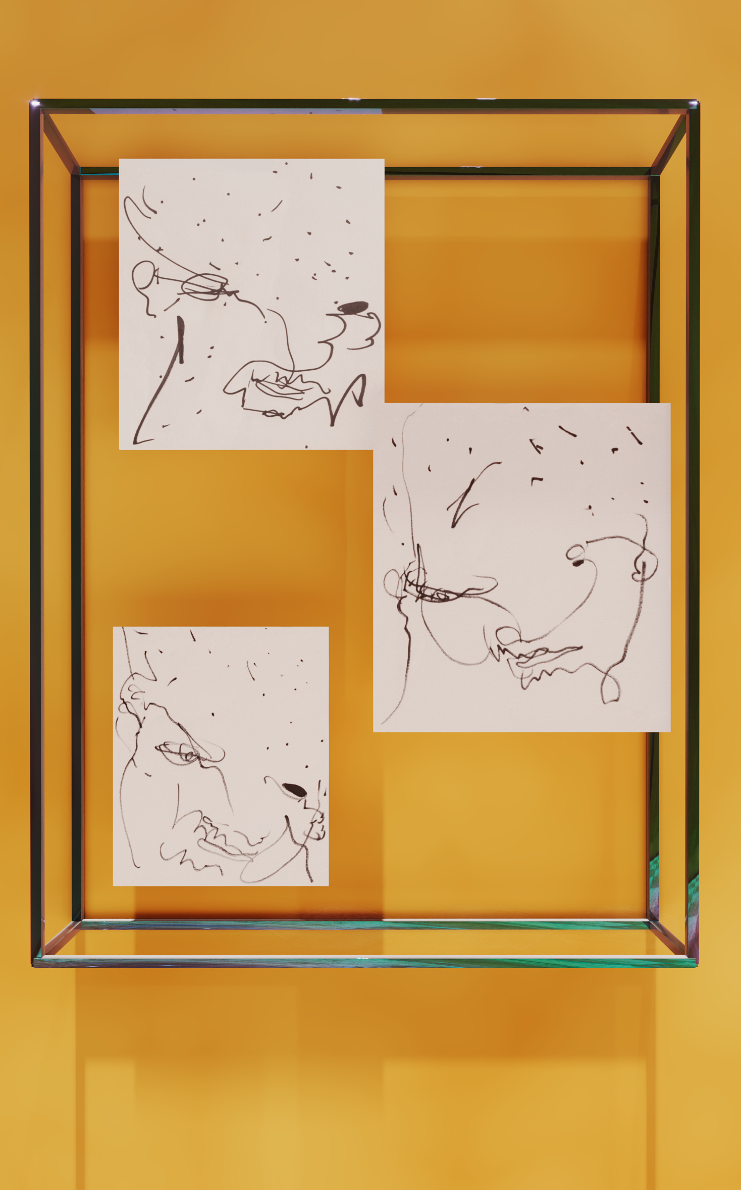 Three ANAXIMANDER drawings displayed in a glass and blackened-steel vitrine by Jonathan Joubert.