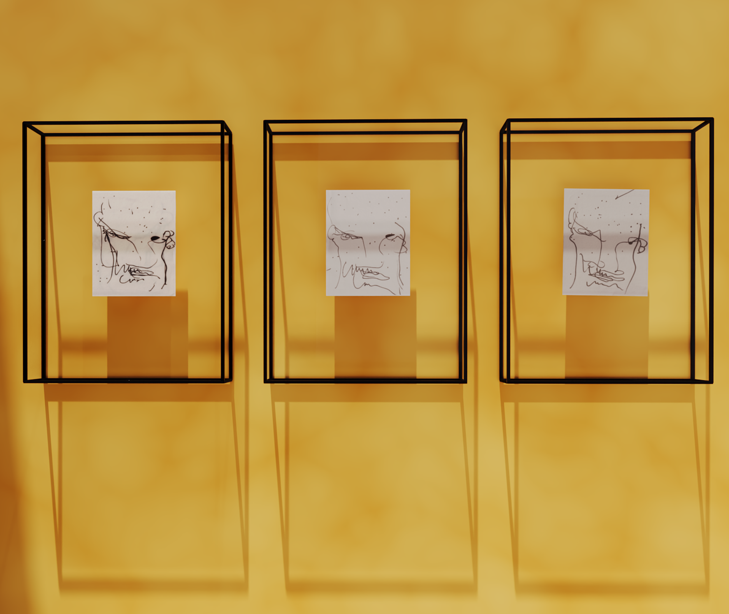 Three ANAXIMANDER drawings displayed in a glass and blackened-steel vitrines by Jonathan Joubert.