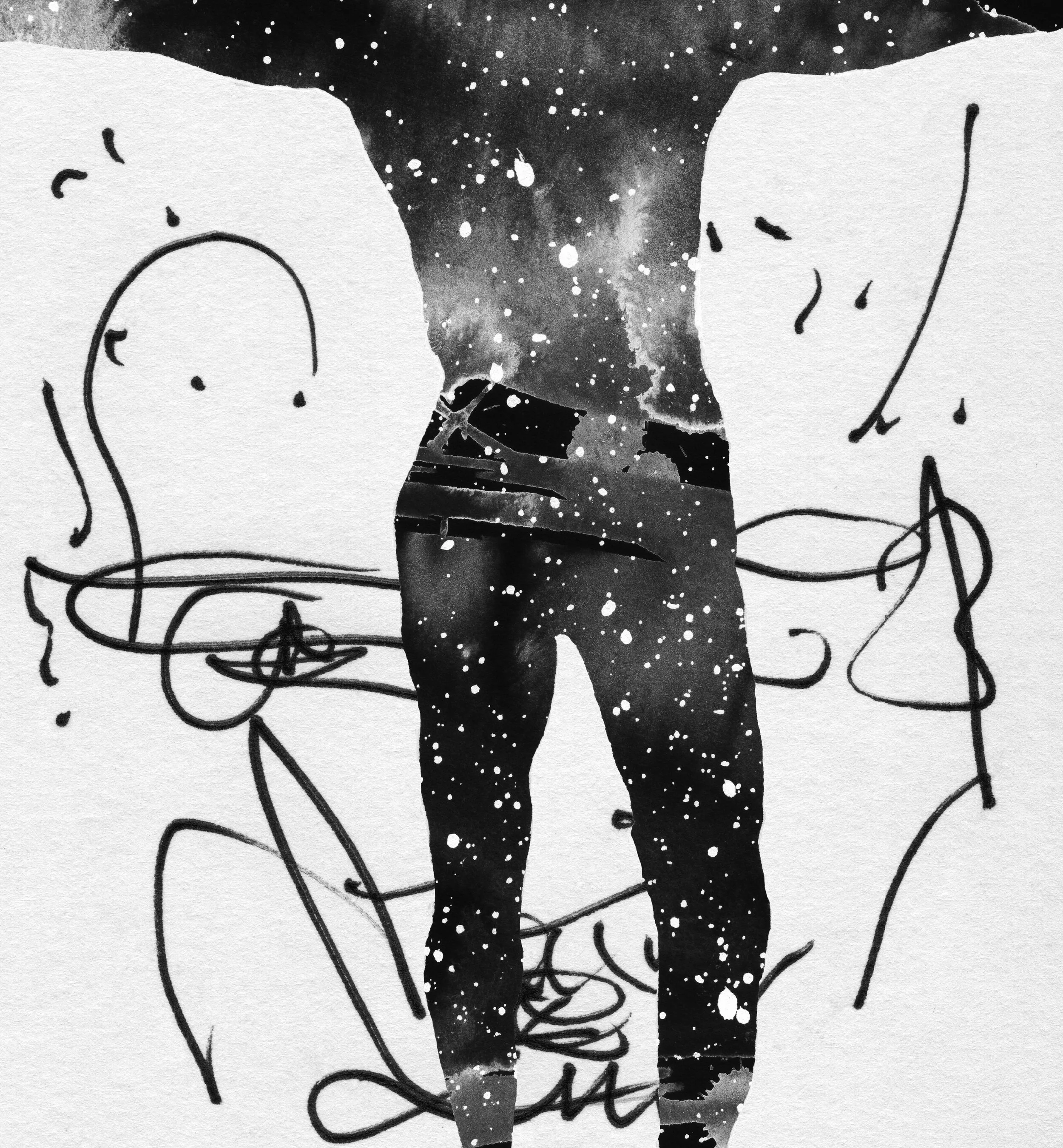 Original diver drawing/collage
Jonathan Joubert, ANAXIMANDER Diver drawing, mixed-media work on paper with a black star-filled human figure crossing an expressive linear portrait.