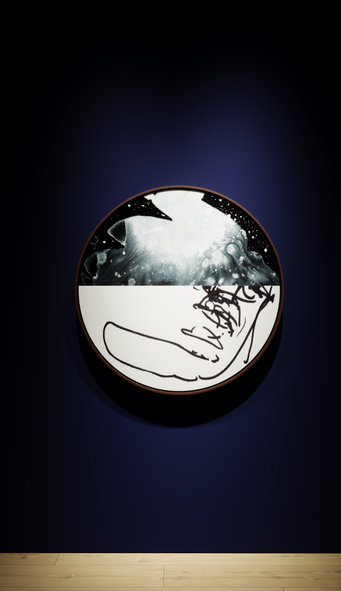 Circular art piece with abstract black and white landscape and sketch of a hand holding a pencil.