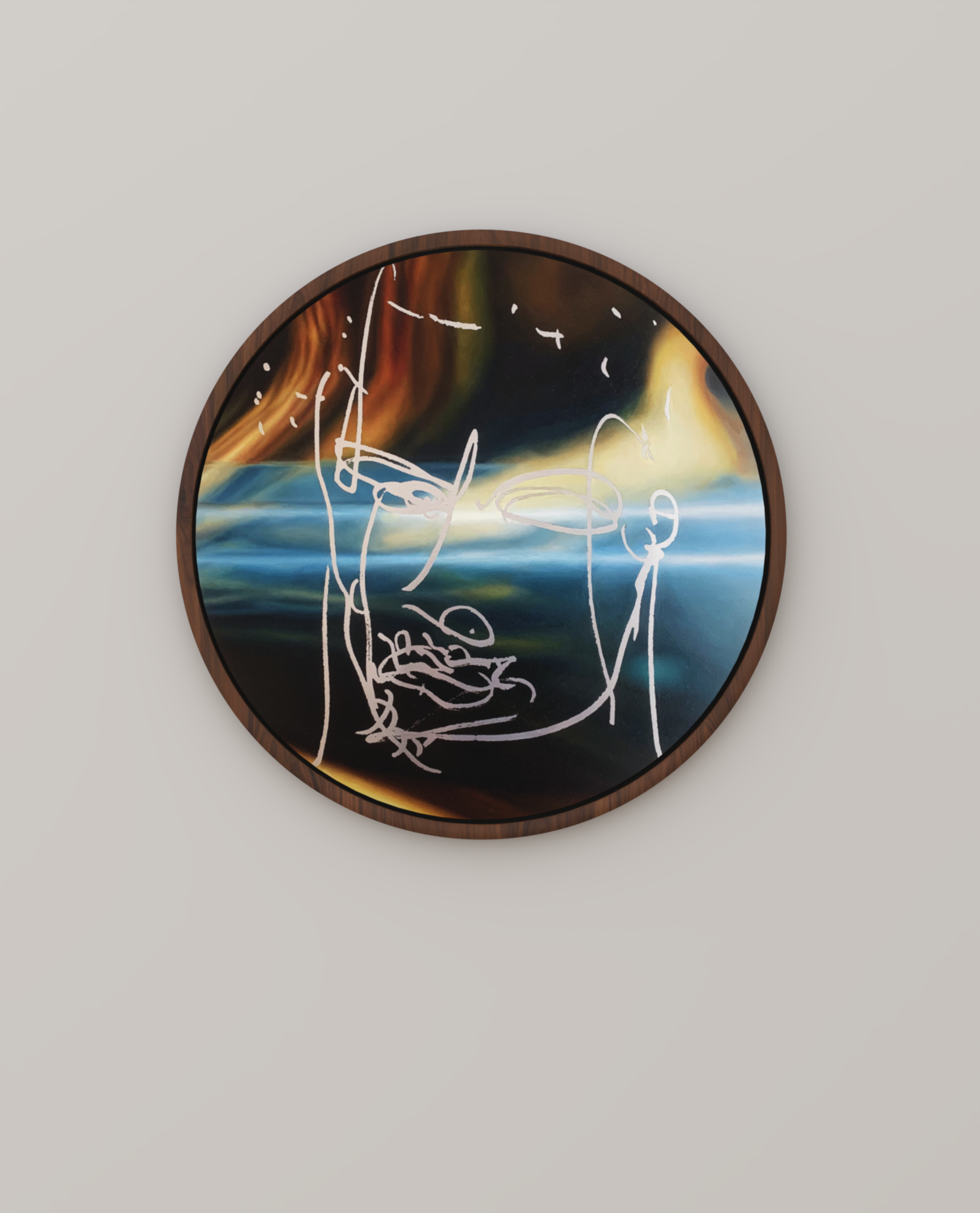 ANAXIMANDER I · Oil on aluminium panel · Ø : 40 cm | 15.7 inches · Walnut frame · 2020
