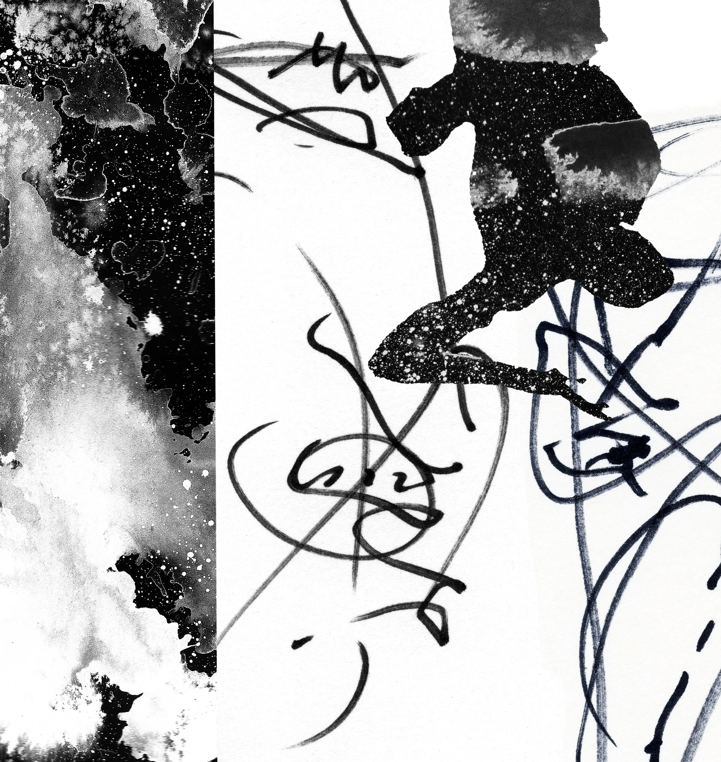 ANAXIMANDER: Submission Diver a small falling figure suspended within a silver-black cosmic field over gestural ink drawing.