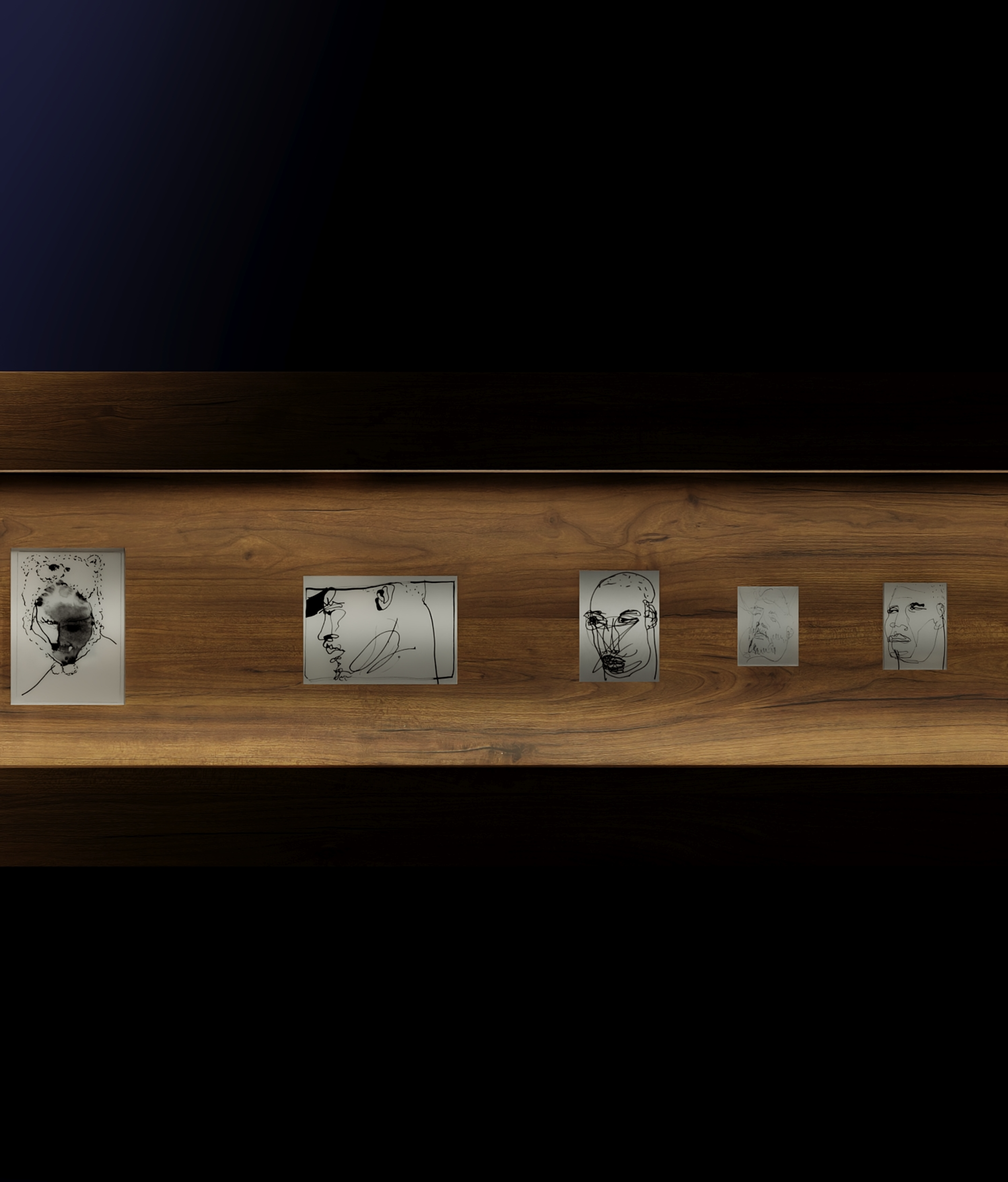 A set of ketches by British artist Jonathan Joubert on an extended wooden frame mounted on a wall. The sketches are portraits scribbled in ink, pencil and sharpie pen.