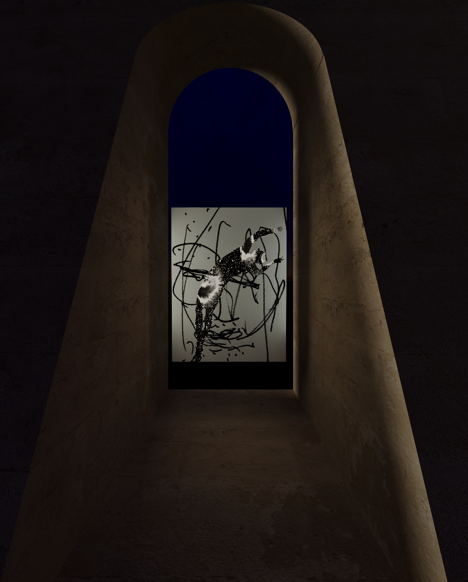 ANAXIMANDER drawing by Jonathan Joubert, with a star-filled falling body crossing a large gestural face against a dark wooden surface.