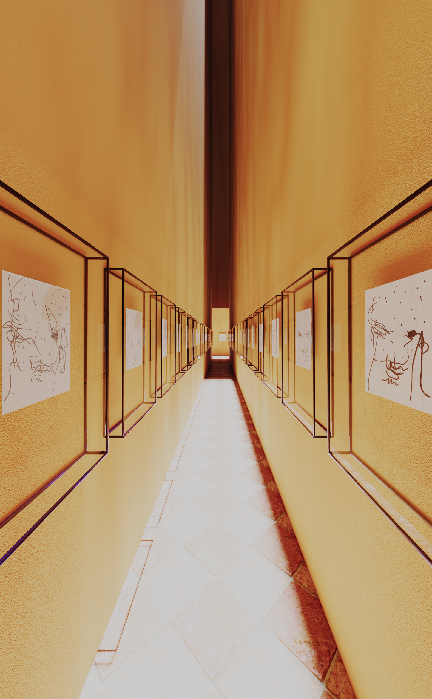 Several ANAXIMANDER drawings displayed in a corridor of glass and blackened-steel vitrines by Jonathan Joubert.