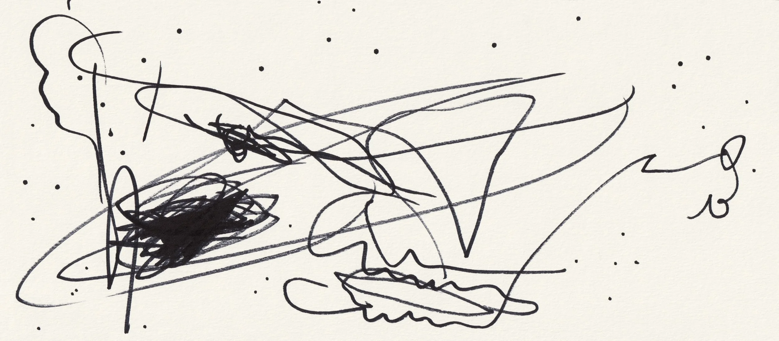 ANAXIMANDER: W I D E S drawing by Jonathan Joubert, an elongated horizontal presence formed from looping black lines and scattered marks.