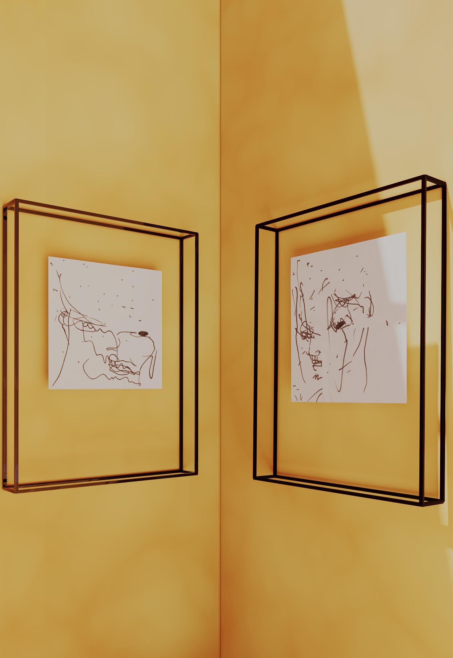 Two ANAXIMANDER drawings displayed in a glass and blackened-steel vitrines by Jonathan Joubert.