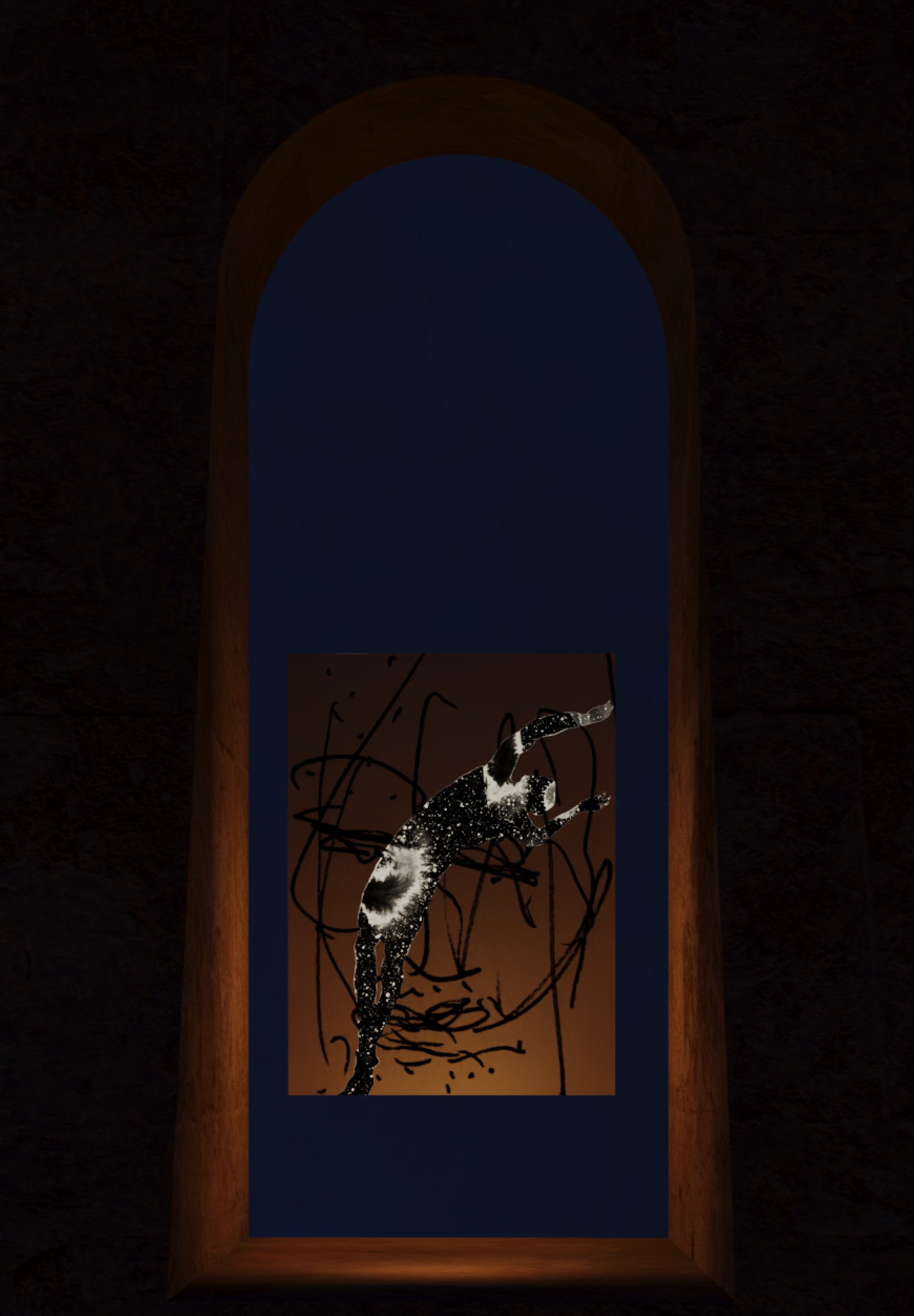 Tower render, falling diver
Jonathan Joubert, ANAXIMANDER Divers installation study, 2026. A glowing star-filled falling figure suspended over an ANAXIMANDER line drawing inside a dark stone architectural passage.
