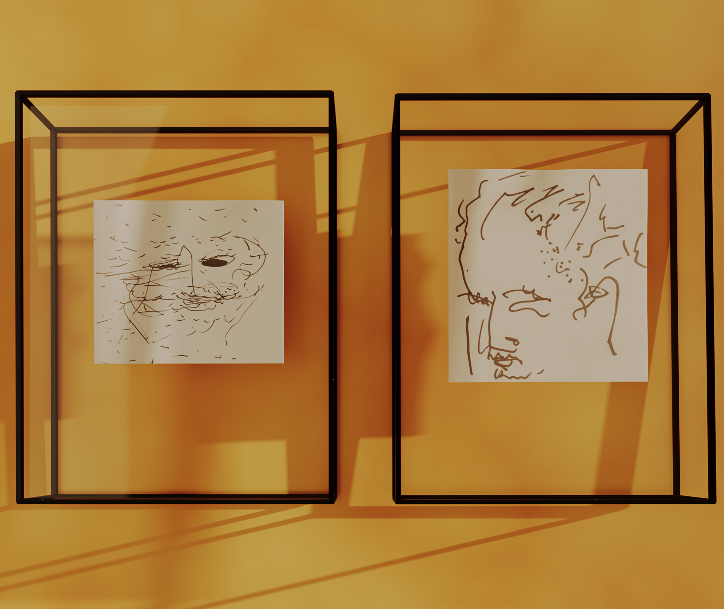 Two ANAXIMANDER drawings displayed in a glass and blackened-steel vitrines by Jonathan Joubert.