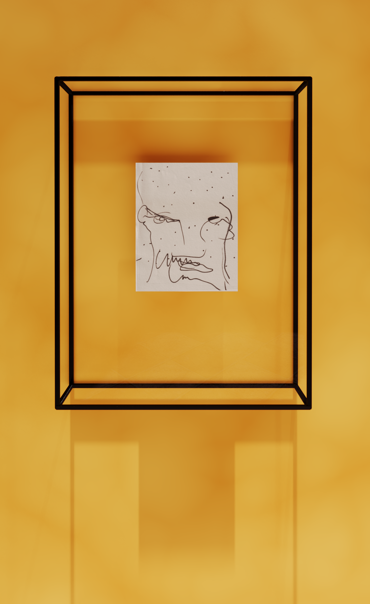 ANAXIMANDER portrait drawing by Jonathan Joubert suspended within a glass-fronted vitrine.
