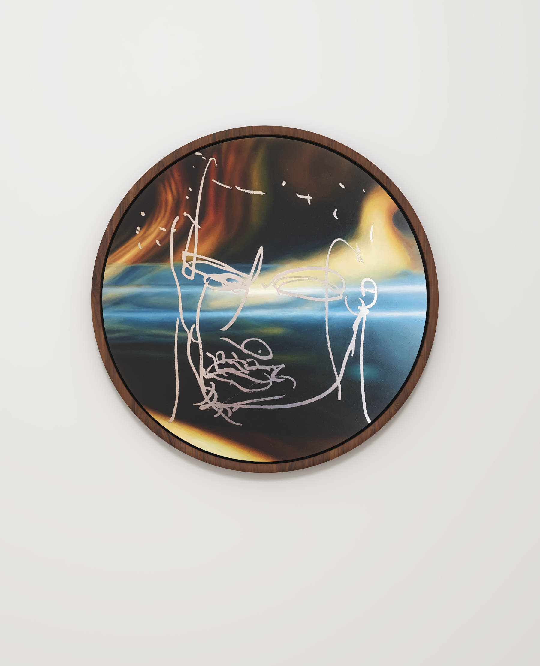 Circular oil painting on aluminium  with abstract colourful background and shiny abstract scribble portrait by British artist Jonathan Joubert framed in wood.