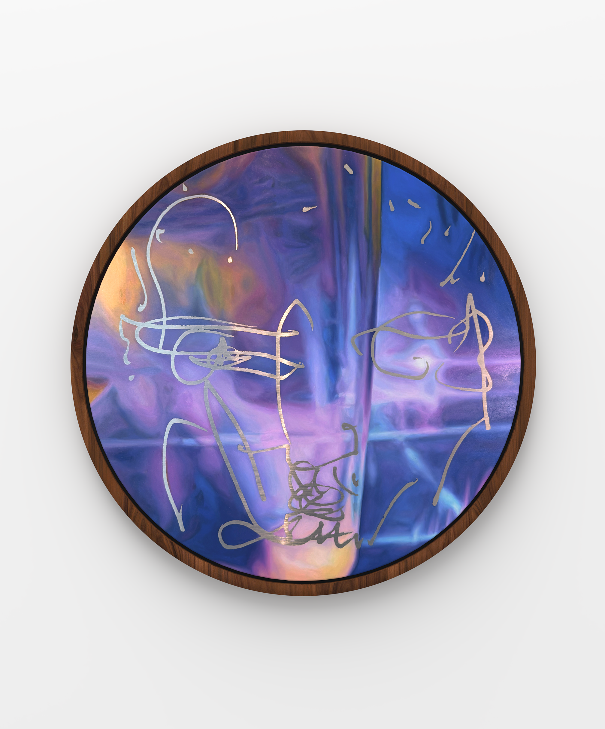 Circular oil painting on aluminium  with abstract colourful background and shiny abstract scribble portrait by British artist Jonathan Joubert framed in wood.