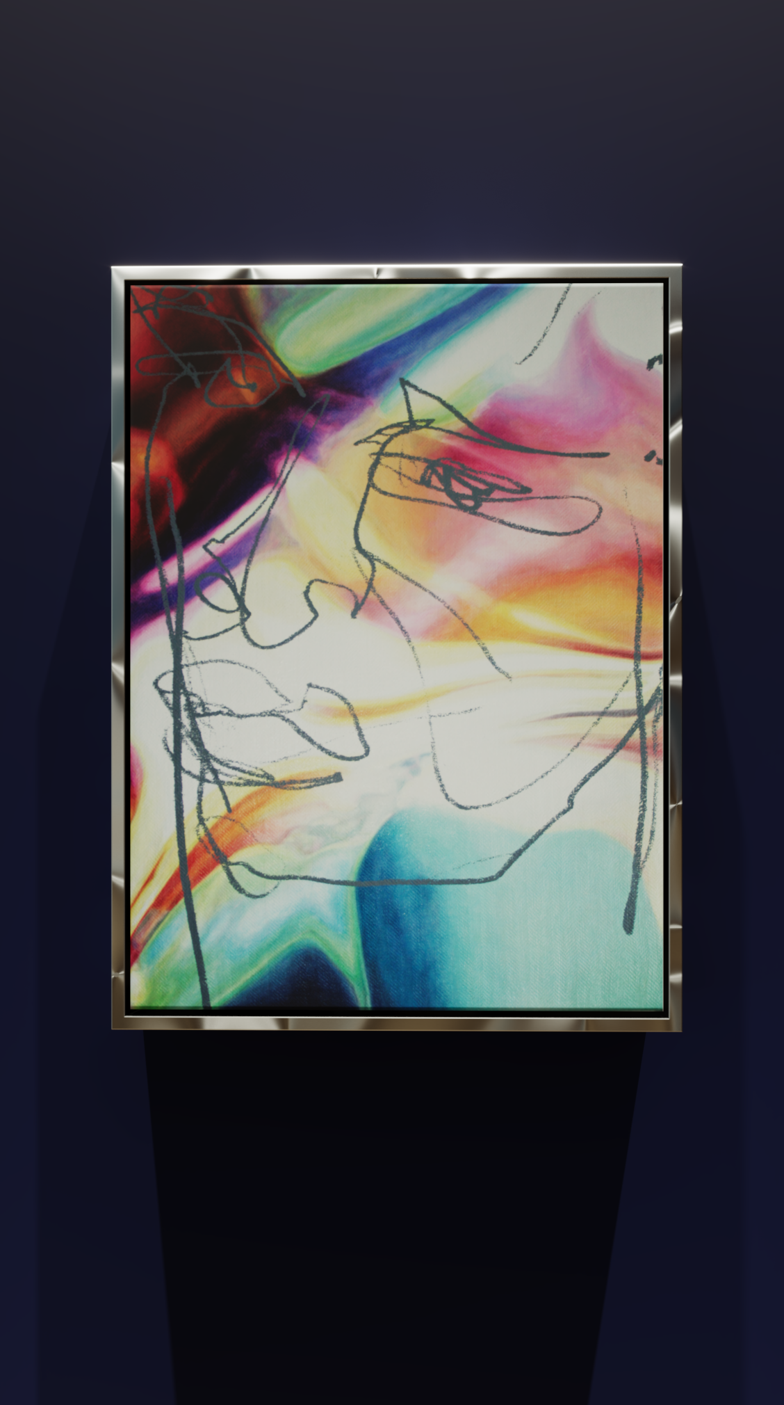 Abstract colourful oil painting on linen  by British artist Jonathan Joubert with white line doodles, framed and displayed on a dark blue wall.