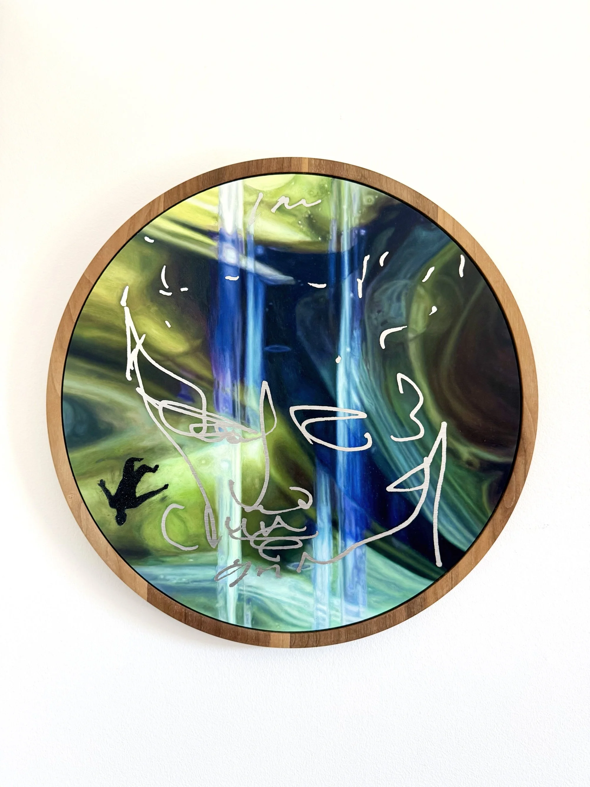 ANAXIMANDER IV, circular oil painting on aluminium by Jonathan Joubert, with green and blue bands of light, exposed metal portrait lines and a small falling figure.