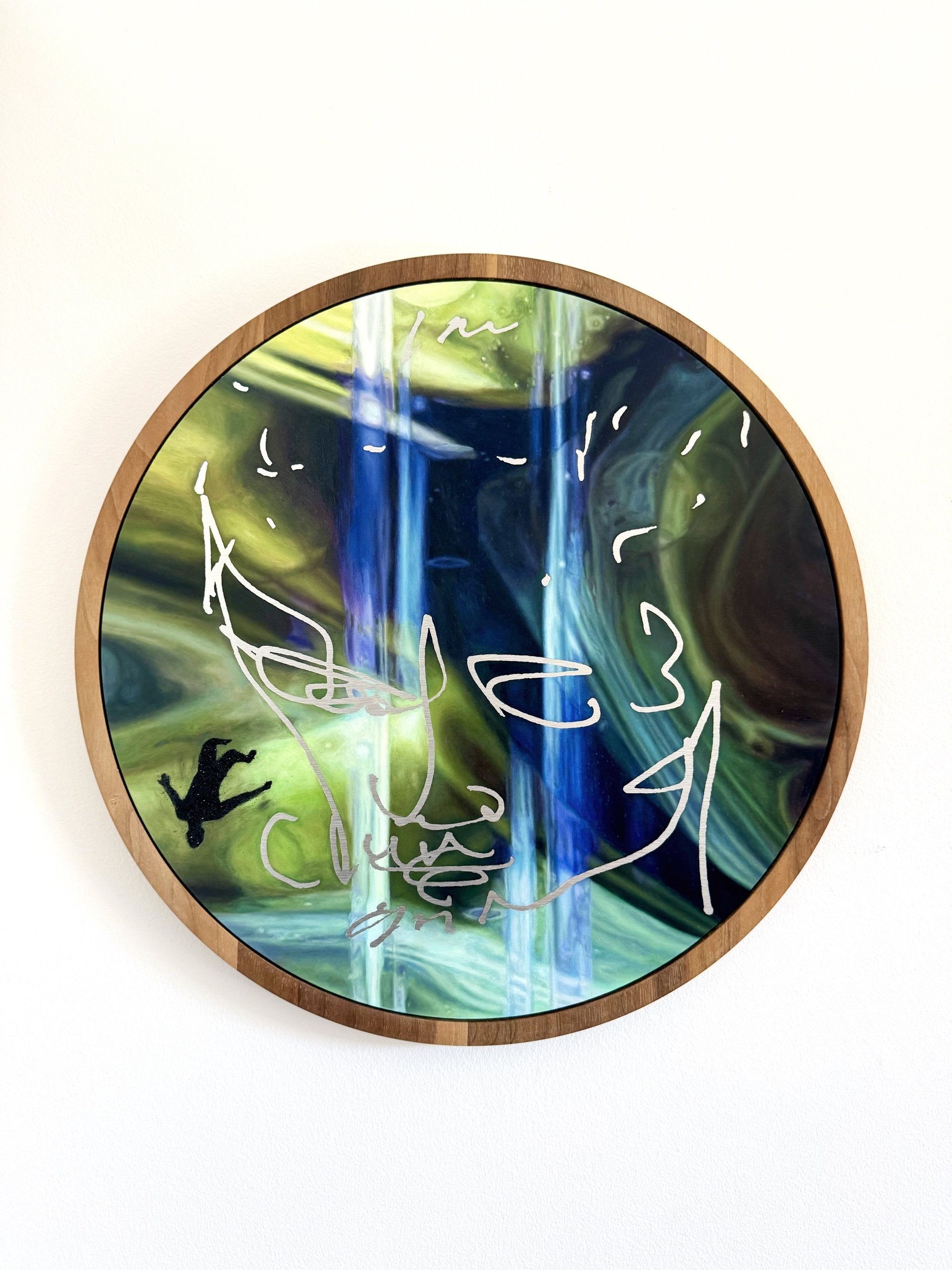 ANAXIMANDER IV, circular oil painting on aluminium by Jonathan Joubert, with green and blue bands of light, exposed metal portrait lines and a small falling figure.
