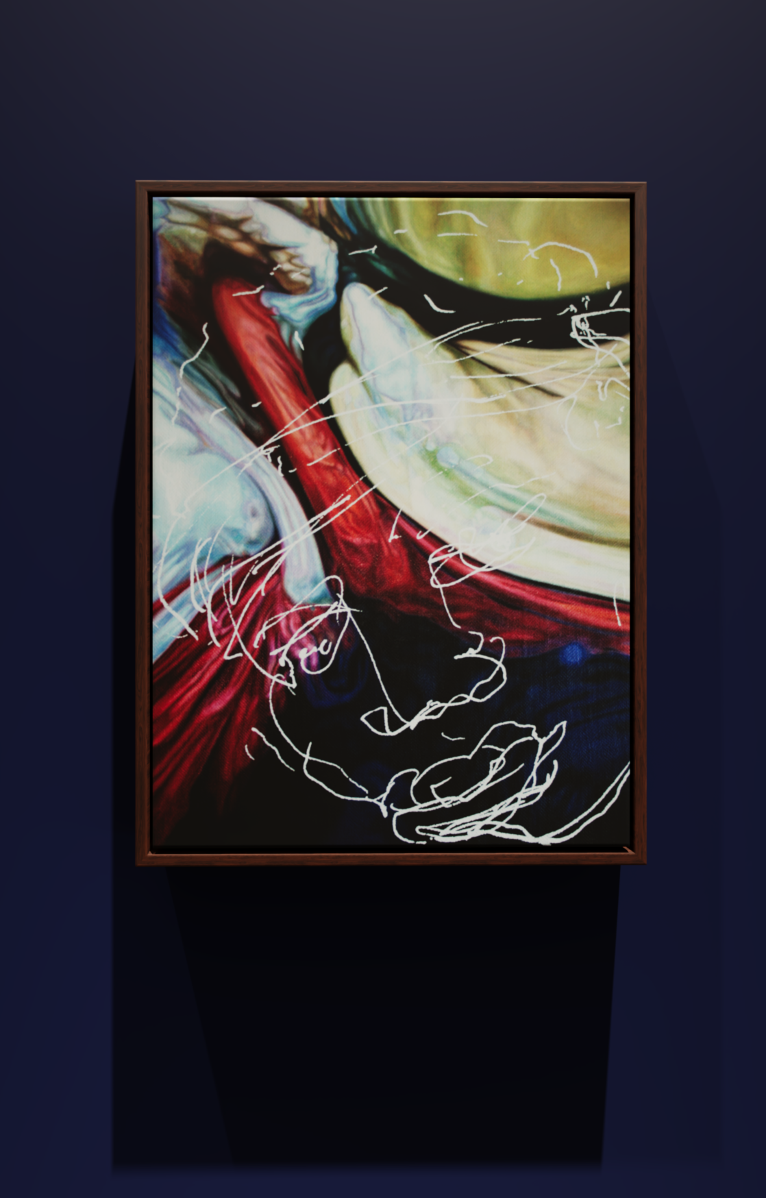 Abstract colourful oil painting on linen  by British artist Jonathan Joubert with white line scribble drawing, framed and displayed on a dark blue wall.