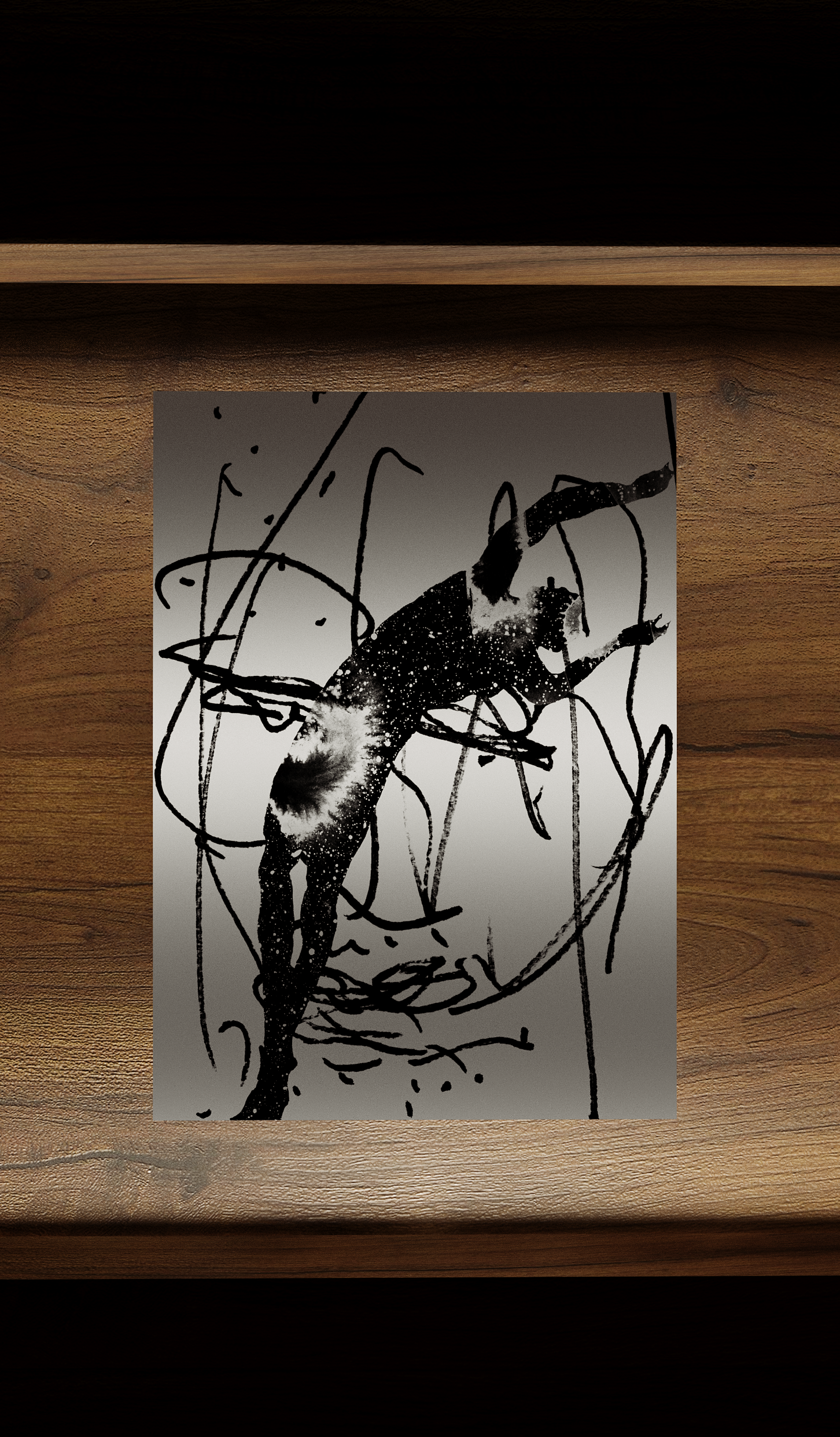 Collaged drawing on paper by British artist Jonathan Joubert on a wooden surface with dark background. 