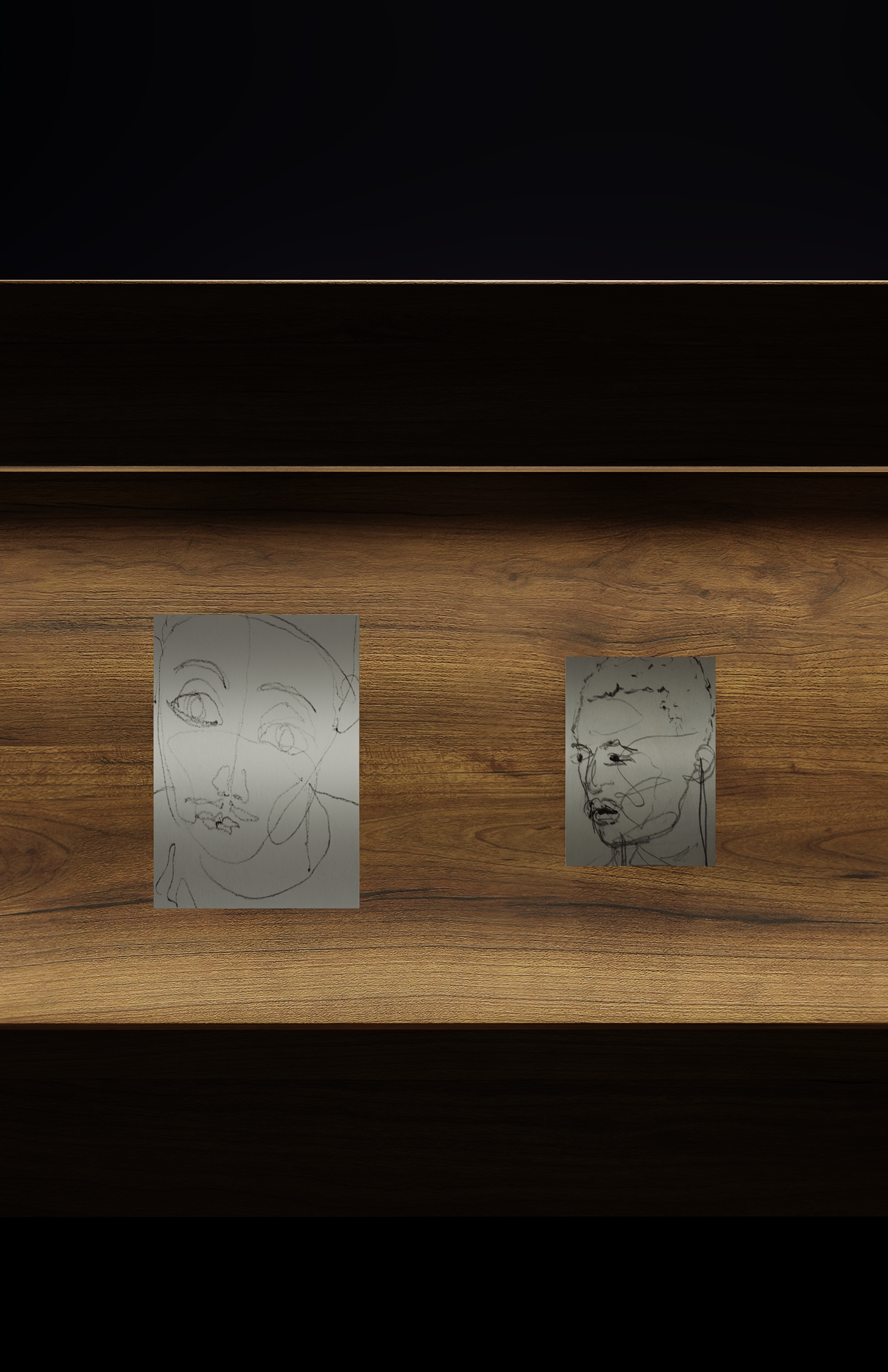 Two scribble drawiing portraits mounted on a wooden panel frame by British artist Jonathan Joubert