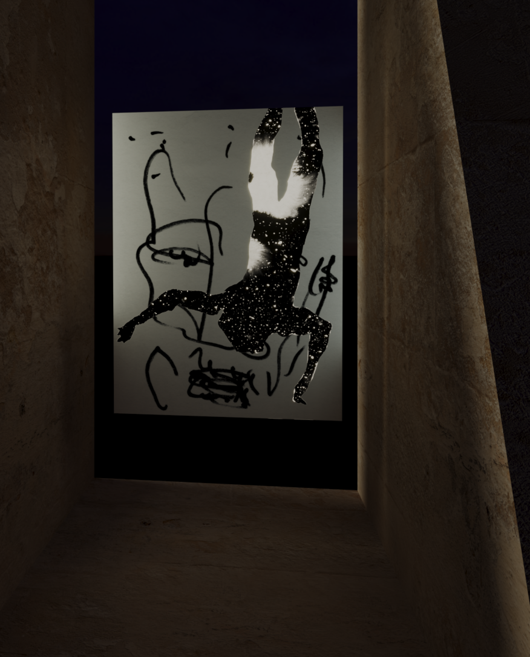 Tower render, inverted diver
Jonathan Joubert, ANAXIMANDER Divers installation study, 2026. An inverted star-filled human figure suspended over an ANAXIMANDER drawing within a monumental dark stone interior.