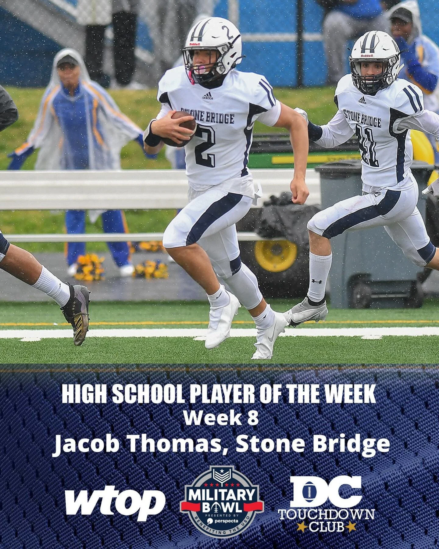 Congratulations to Week 8 @MilitaryBowl DC Touchdown Club High School Football Player of the Week, Stone Bridge DB Jacob Thomas!
Thomas intercepted two passes, returning both for touchdowns as Stone Bridge beat William Fleming of Roanoke, 46-13, in