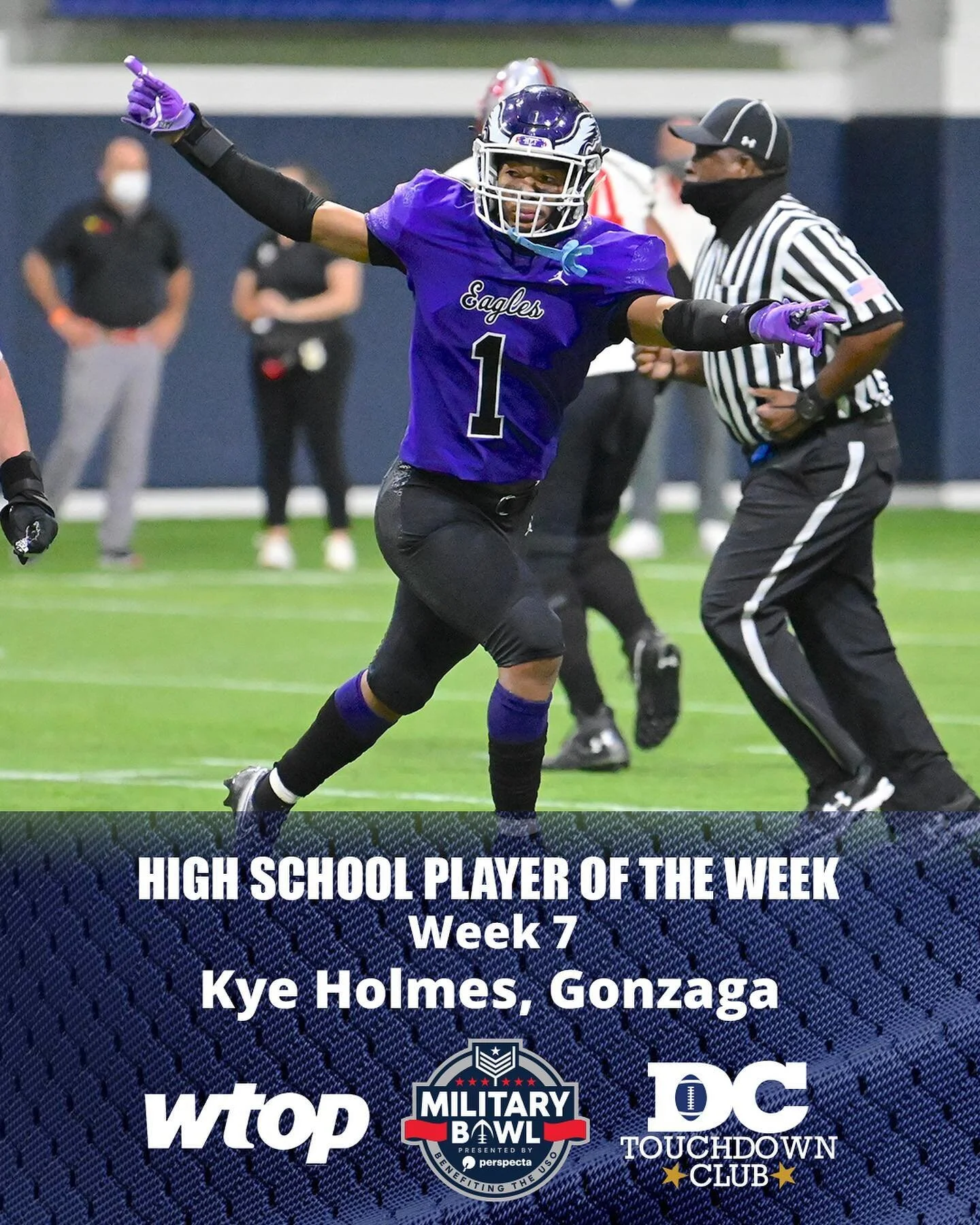 Congratulations to Week 7 MilitaryBowl DC Touchdown Club High School Football Player of the Week, Gonzaga DB Kye Holmes!
A JMU commit, Holmes had seven tackles & a interception as Gonzaga rallied for a thrilling 16-13 victory over St. John&rsquo