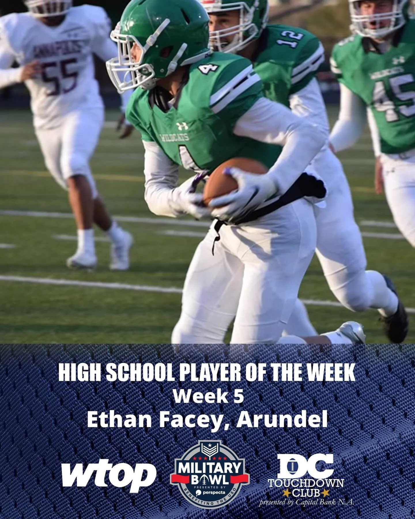 Congratulations to Week 5 Military Bowl DC Touchdown Club High School Football Player of the Week, Arundel free safety Ethan Facey. 
A senior in his second season as a starter, Facey made eight tackles, intercepted two passes, returned a fumble 58 y