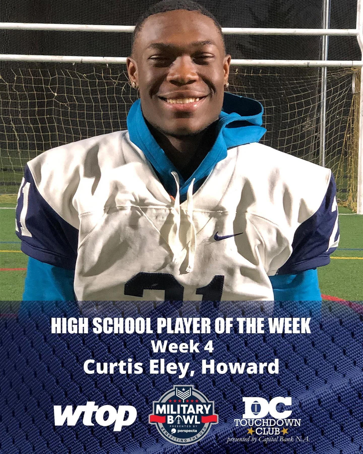Congratulations to Week 4 Military Bowl DC Touchdown Club High School Football Player of the Week, Howard running back and free safety Curtis Eley.
Eley returned a punt 70 yards for a touchdown, rushed for 63 yards and a touchdown and on defense mad