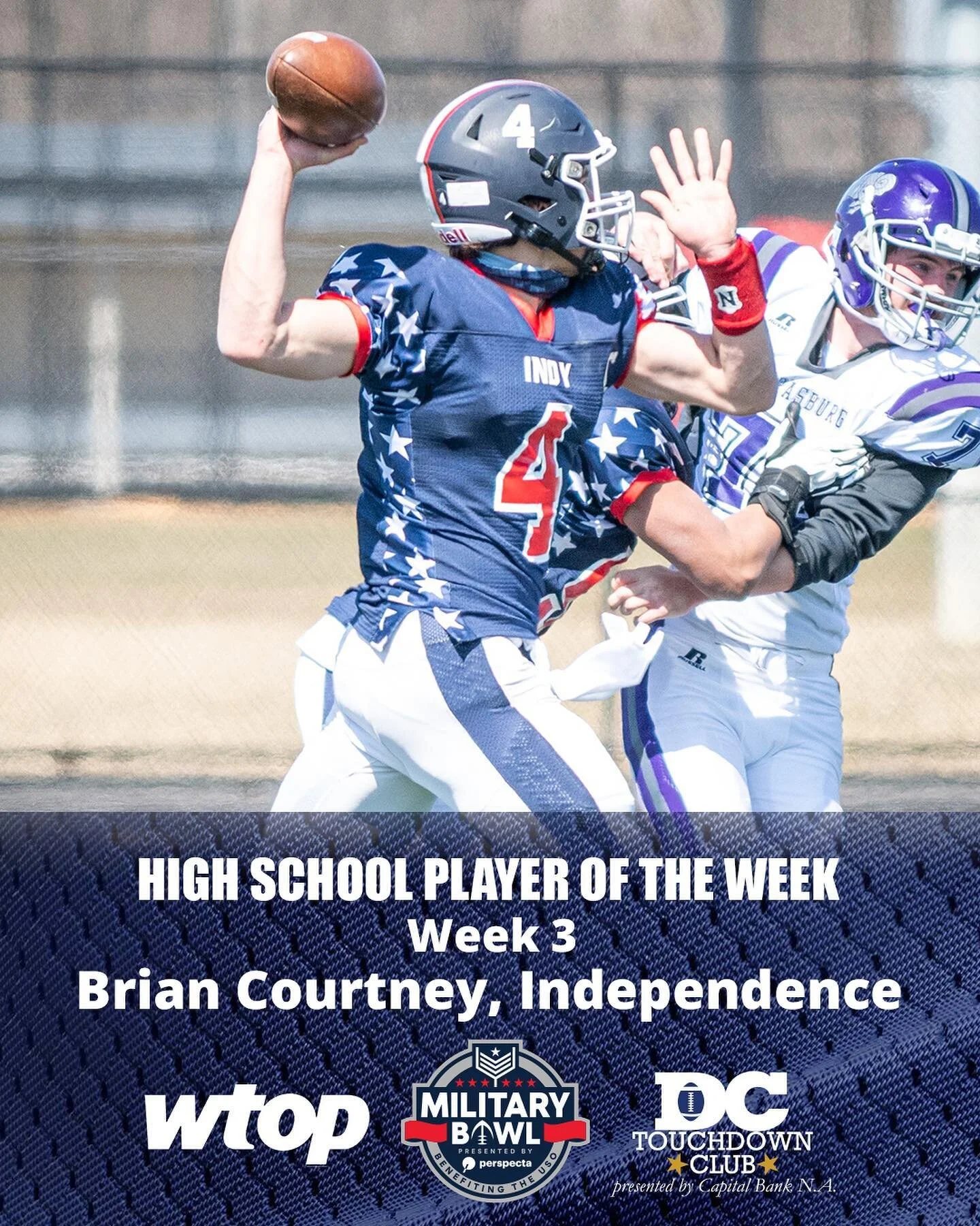 Congratulations to the Week 3 Military Bowl DC Touchdown Club High School Football Player of the Week, Independence quarterback and defensive end Brian Courtney.
A junior quarterback and defensive end, Courtney starred on both sides of the ball for h