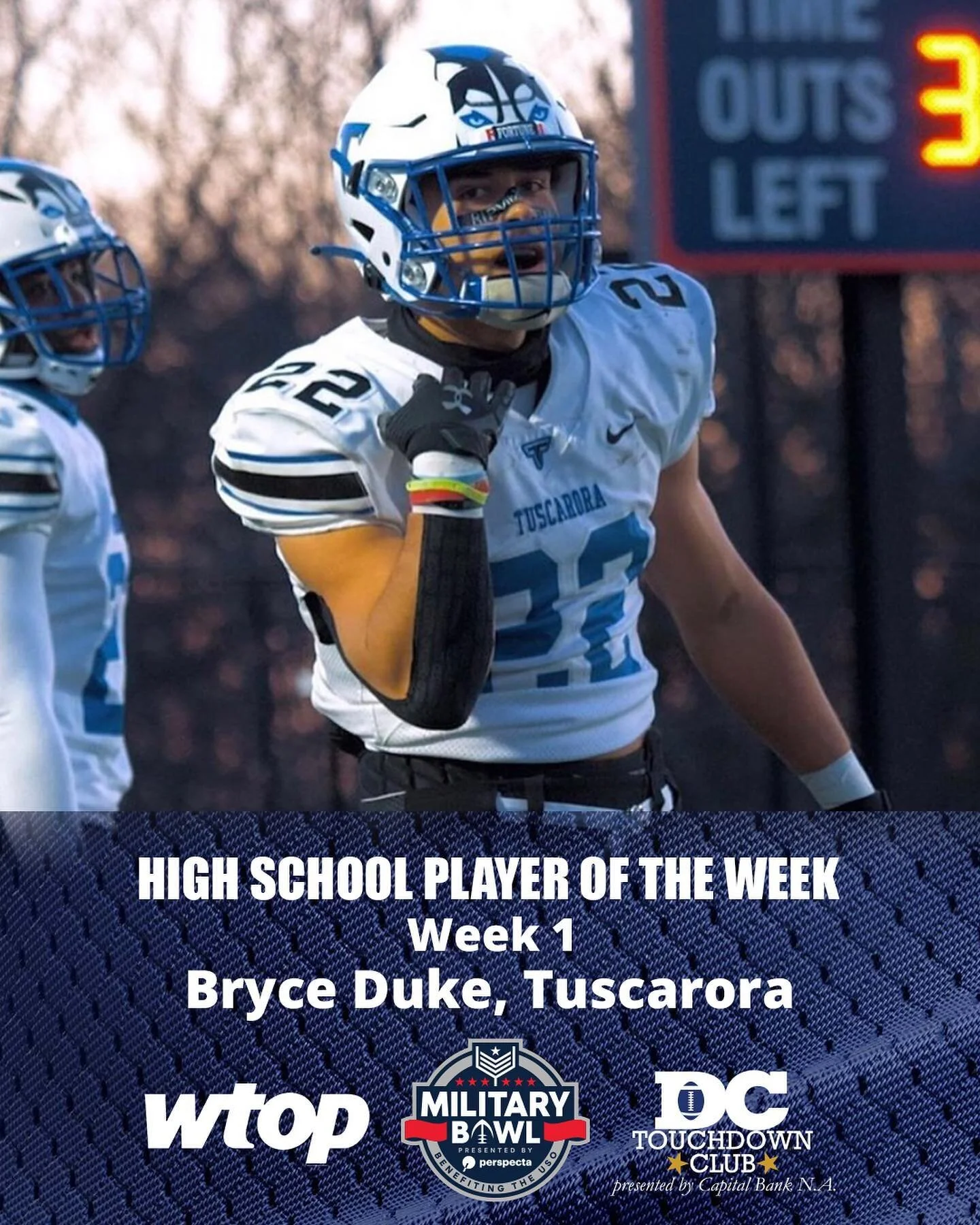Congratulations to Week 1 Military Bowl DC Touchdown Club High School Football Player of the Week, Tuscarora running back Bryce Duke! 21 rushes for 284 yards and five touchdowns and two receptions for two touchdowns!