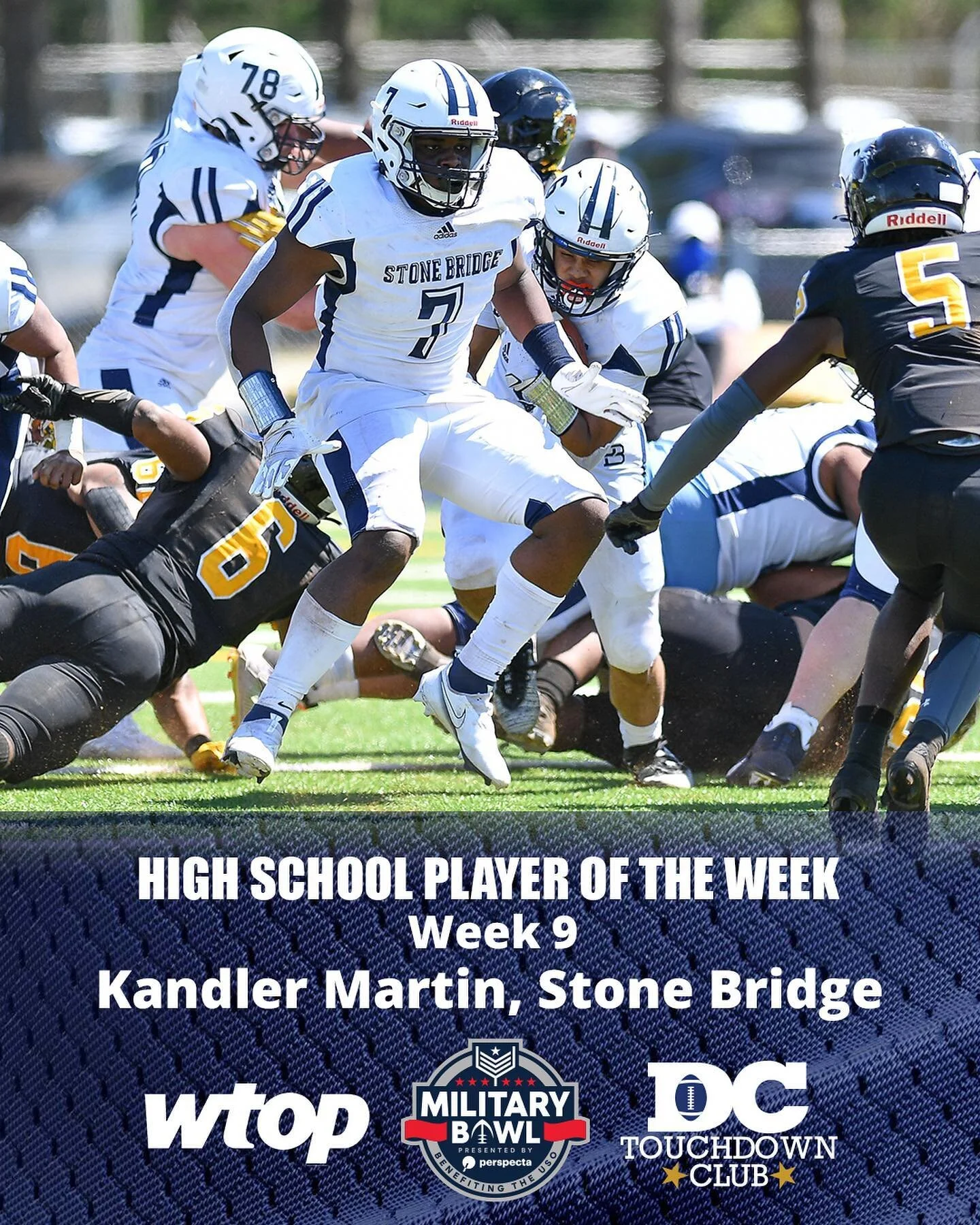 Congratulations to Week 9 Military Bowl DC Touchdown Club High School Football Player of the Week, Stone Bridge defensive end Kandler Martin.
A VMI recruit, Martin made nine tackles, had four sacks and forced a fumble that he recovered as the Bulldo