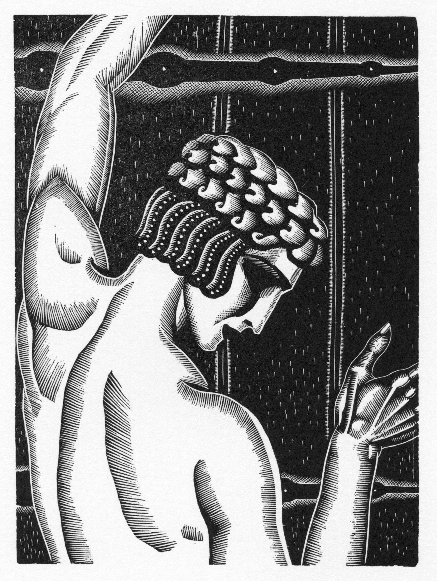 Wood engraving by James Reid for The Song Of Songs published
by Farrar and Rinehart in 1931. One of twelve Publisher's proofs on Mohawk Superfine 80 lb. cover for the limited
edition portfolio James Reid: Selected Wood Engravings , published by Brier Hill Press, 2013. Image size 4" x 5½"; overall sheet size 9" x 12". Numbered in pencil lower left corner of image; publisher's blind stamp lower right corner of sheet. REID-S19 $225.