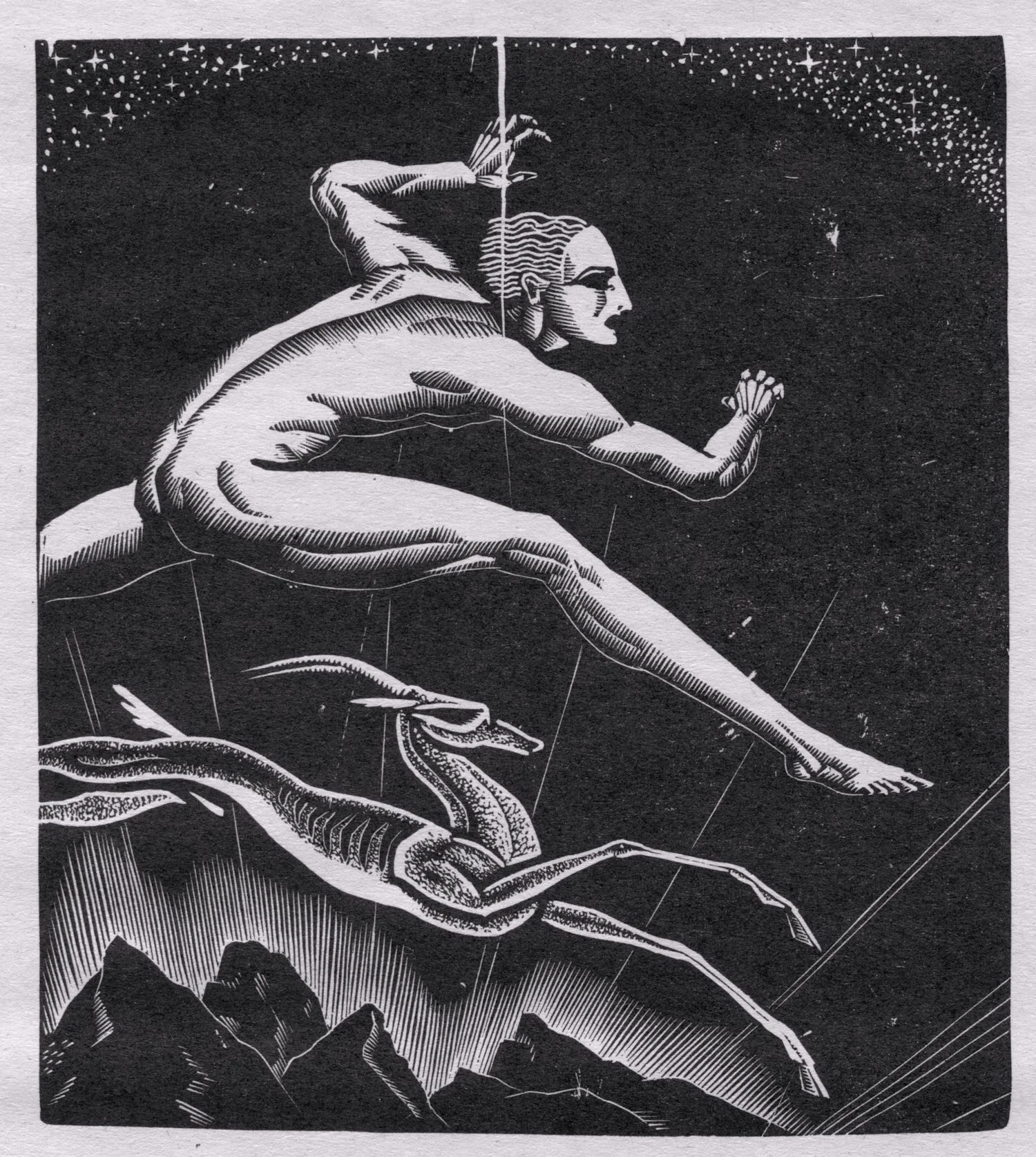 Wood engraving by James Reid for The Song Of Songs published
by Farrar and Rinehart in 1931. One of twelve Publisher's proofs on Mohawk Superfine 80 lb. cover for the limited
edition portfolio James Reid: Selected Wood Engravings ,
published by Brier Hill Press, 2013. Image size 4" x 4½"; overall sheet
size 9" x 12". Numbered in pencil lower left corner of image;
publisher's blind stamp lower right corner of sheet. REID-S9 $225. 