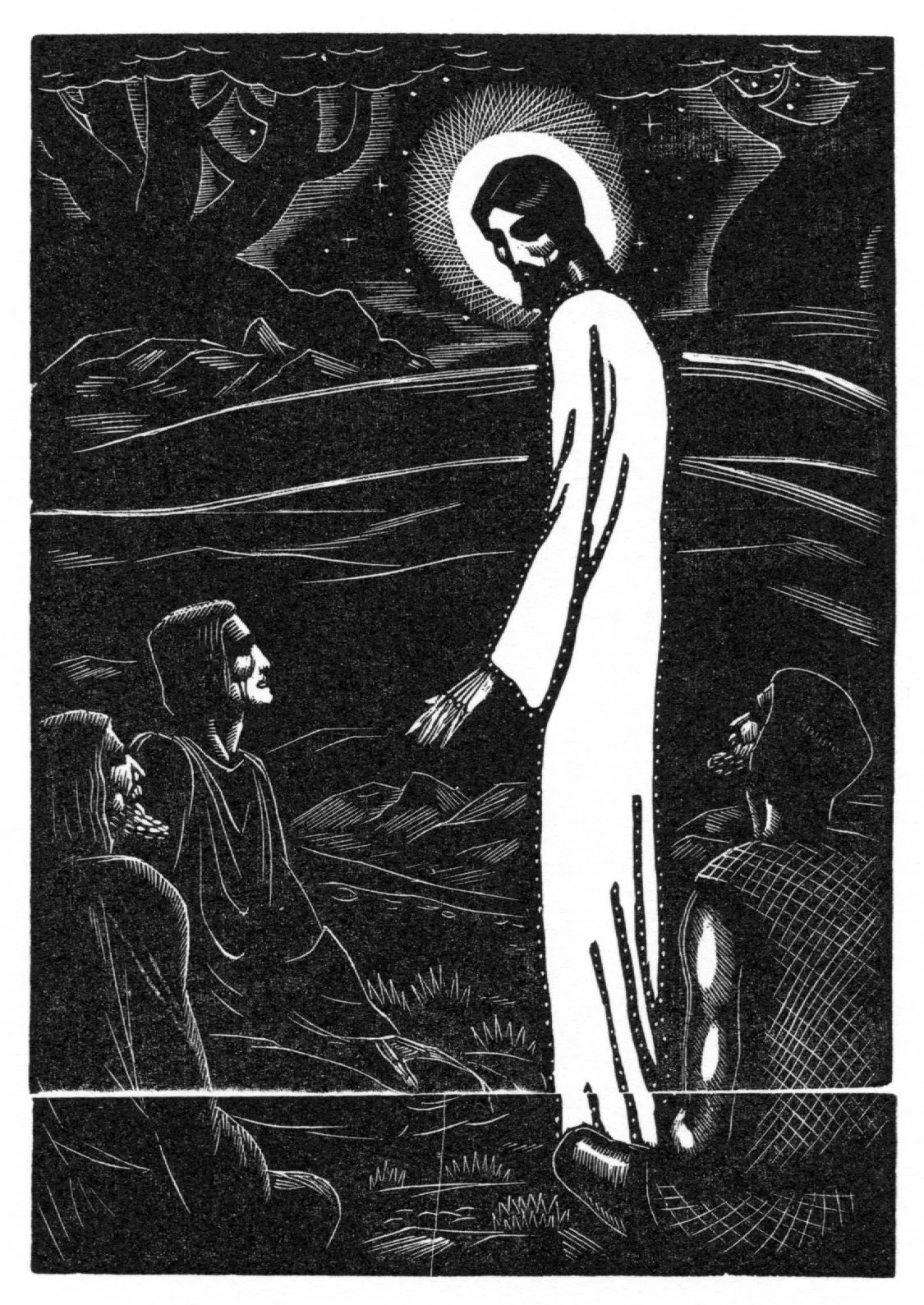 Wood engraving by James Reid for The Life Of Christ In Woodcuts published
by Farrar and Rinehart in 1930. One of twelve Publisher's proofs on Mohawk Superfine 80 lb. cover for the limited
edition portfolio James Reid: Selected Wood Engravings ,
published by Brier Hill Press, 2013. Image size 3½" x 5"; overall sheet
size 9" x 12". Numbered in pencil lower left corner of image;
publisher's blind stamp lower right corner of sheet. REID-C10 $100. 