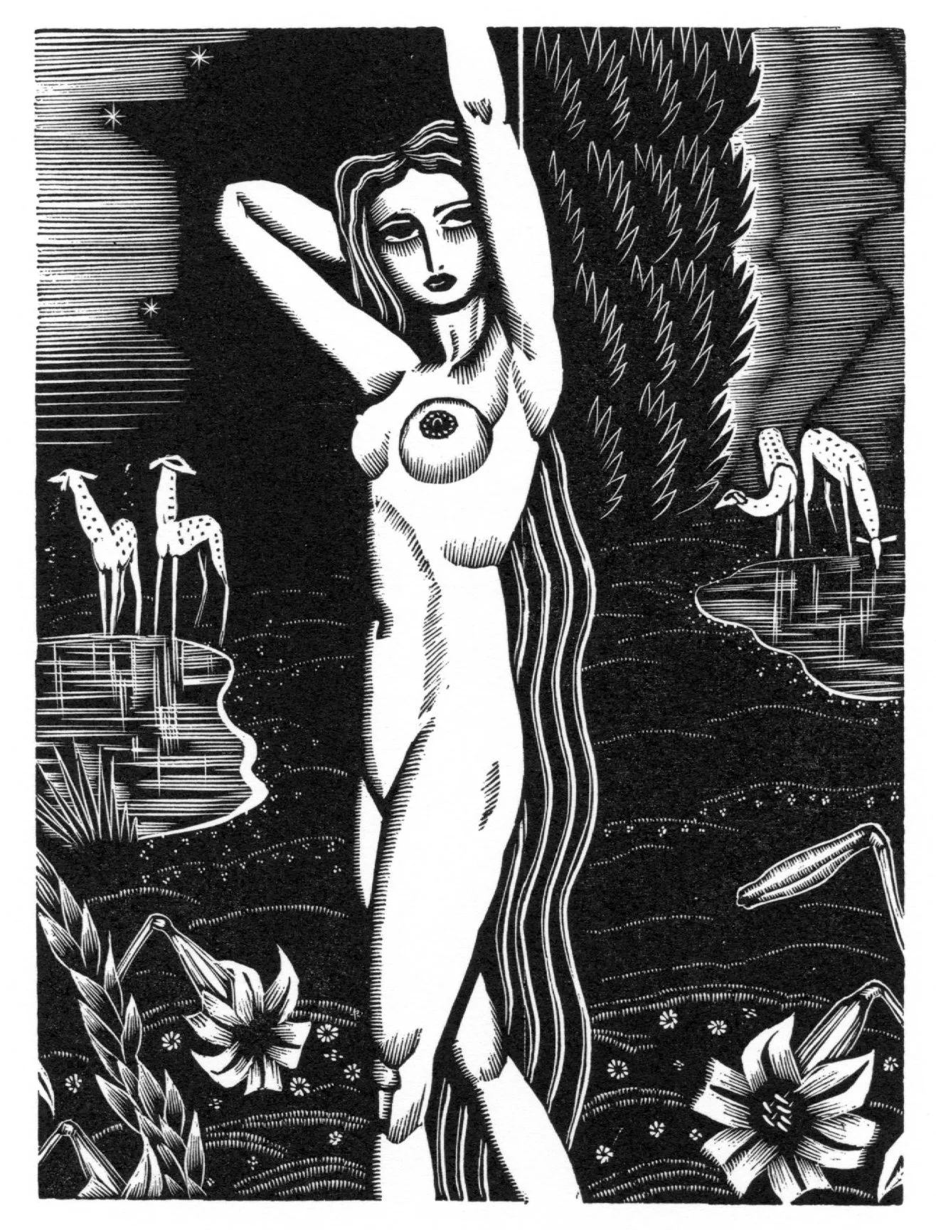 Wood engraving by James Reid for The Song Of Songs published
by Farrar and Rinehart in 1931. One of twelve Publisher's proofs on Mohawk Superfine 80 lb. cover for the limited
edition portfolio James Reid: Selected Wood Engravings ,
published by Brier Hill Press, 2013. Image size 4" x 5½"; overall sheet
size 9" x 12". Numbered in pencil lower left corner of image;
publisher's blind stamp lower right corner of sheet. REID-S25 $250.