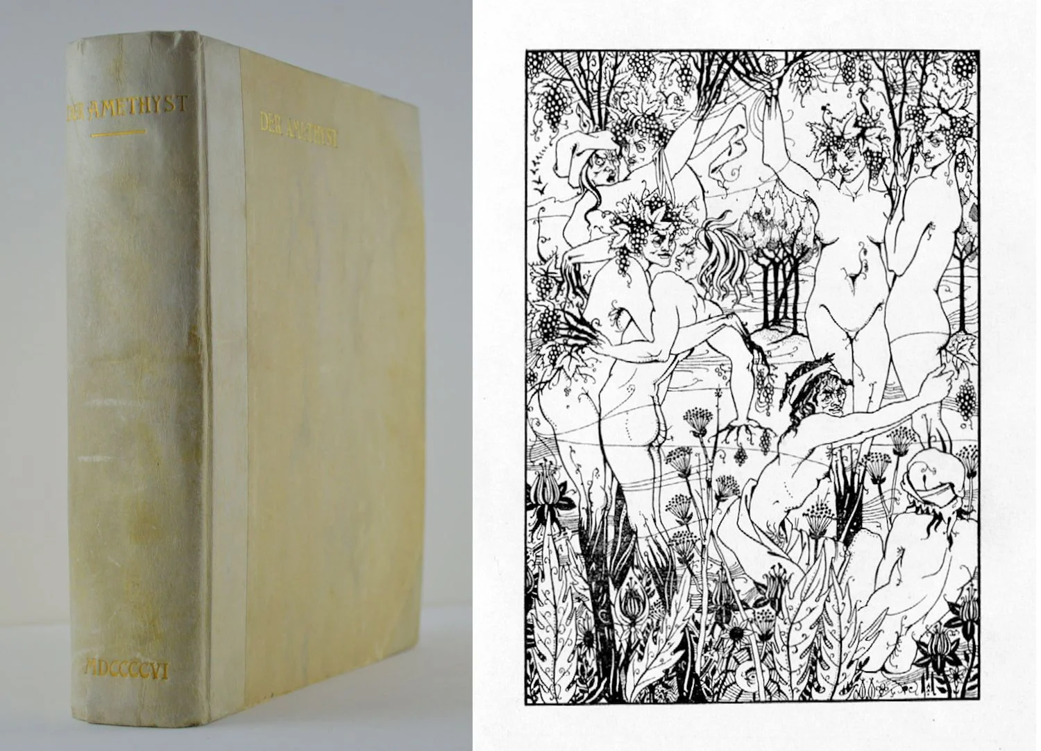 Vienna: Privately published for subscribers in 1906, in an edition of 800, of which this is number 746. Quarto, 8' x 8-7/8"; half vellum with marbled boards and matching end papers; viii + 402 pages, top edge stained red. Hinges are sound, but binding has loosened between some signatures. Pages are clean and unmarked. The volume consolidates the entire yearlong run of the monthly magazine and contains numerous works of erotic literature and a total of eighteen sometimes daring full-page illustrations by Thomas Theodor Heine, Marcus Behmer, Aubrey Beardsley, Karl Hofer, John Jack Vrieslander, Friedrich von Bayros and others Der Amethyst first appeared as a periodical. Issue 1 was dated December, 1905. The final issue, number 11-12, was dated October-November 1906. $600