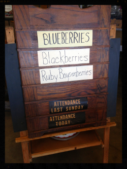 I took this picture at the blueberry farm store because it was a church attendance sign just like we had in the church where I grew up! If I ever see one somewhere I'd really like to get it. I'm not usually nostalgic, but I really like this.