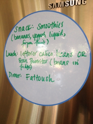 Best find of the summer! Sticky cling things that are used with dry-erase markers. I stuck it on my stainless steel refrigerator and write that day's meal plan on it. Now I don't forget what I planned to make and the kids don't ask what we are having!