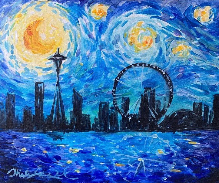 Friday Night Art & Wine - Paint Starry, Starry Night Seattle w/ Shirley Sakatani:  Oct 9, 5-8 pm - All Levels
