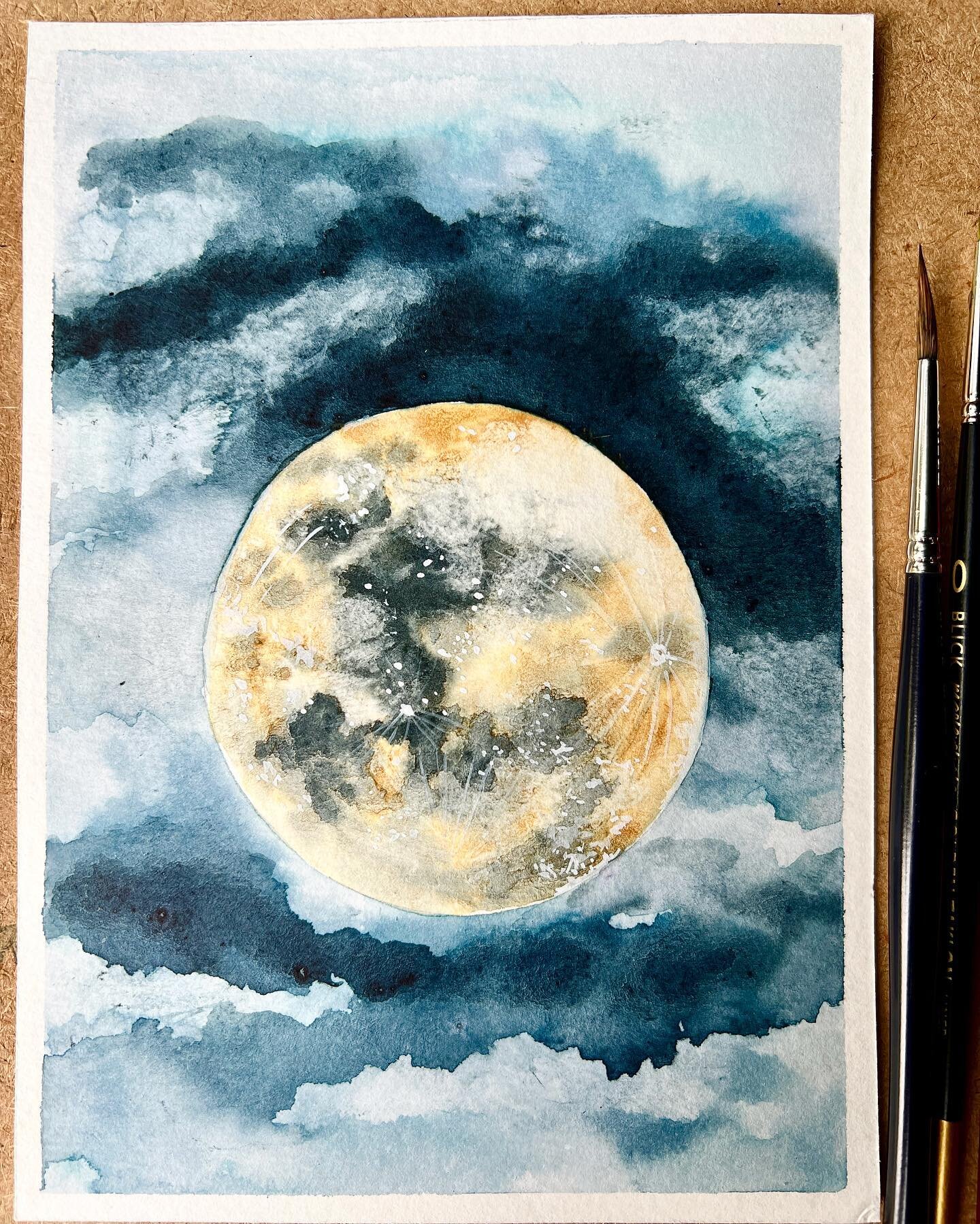 A quick watercolor painting of the super blue moon last night. Did you catch it? The central Oregon skies are filled with a layer of wildfire smoke so the moon had a hazy orange hue, sometimes clear enough for us to see it with a pair of binoculars. 