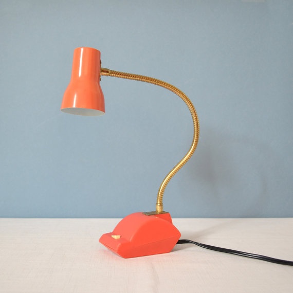 via Mid Mod Mom I'd put this one on the gold leaf table to combine the lamp's casual office vibe with a bit of luxury from the table. But this lamp would also work on the other two tables as well. Love the color! 
