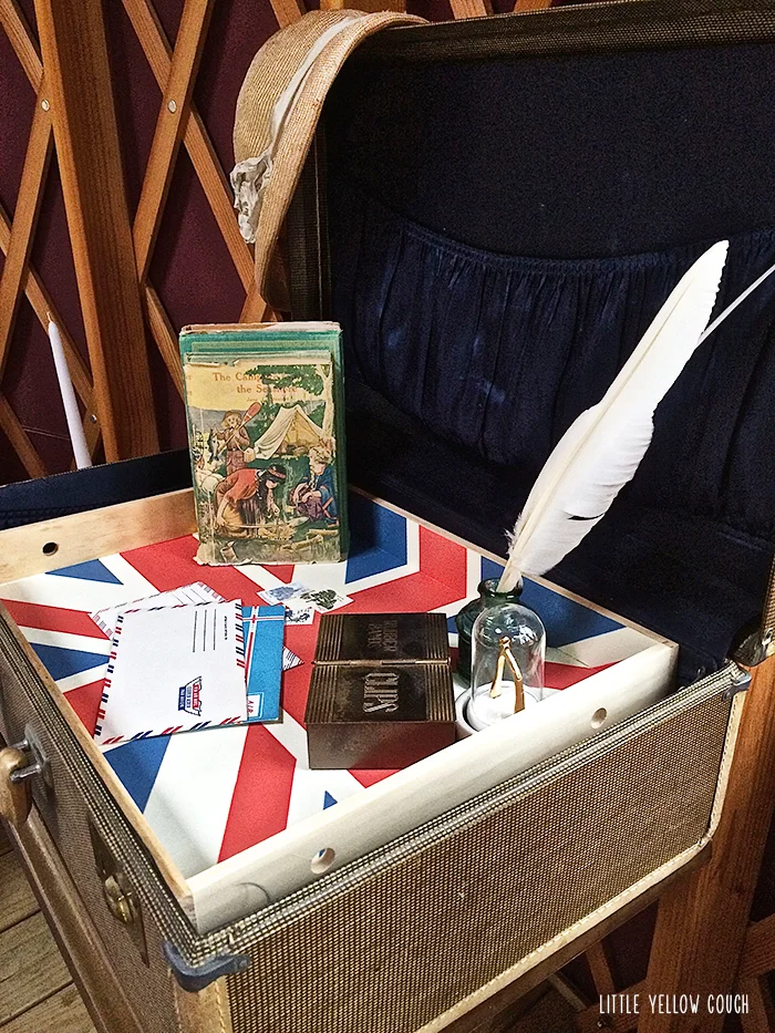 Portable writing desk: folding TV table, vintage suitcase, serving tray.