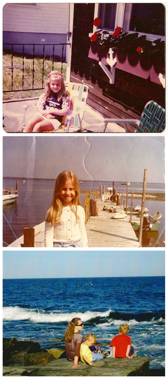 Zandra in front of her grandparents' cottage; Zandra on fishing pier: Zandra on the rocks with her sons, Quinn & Calvin