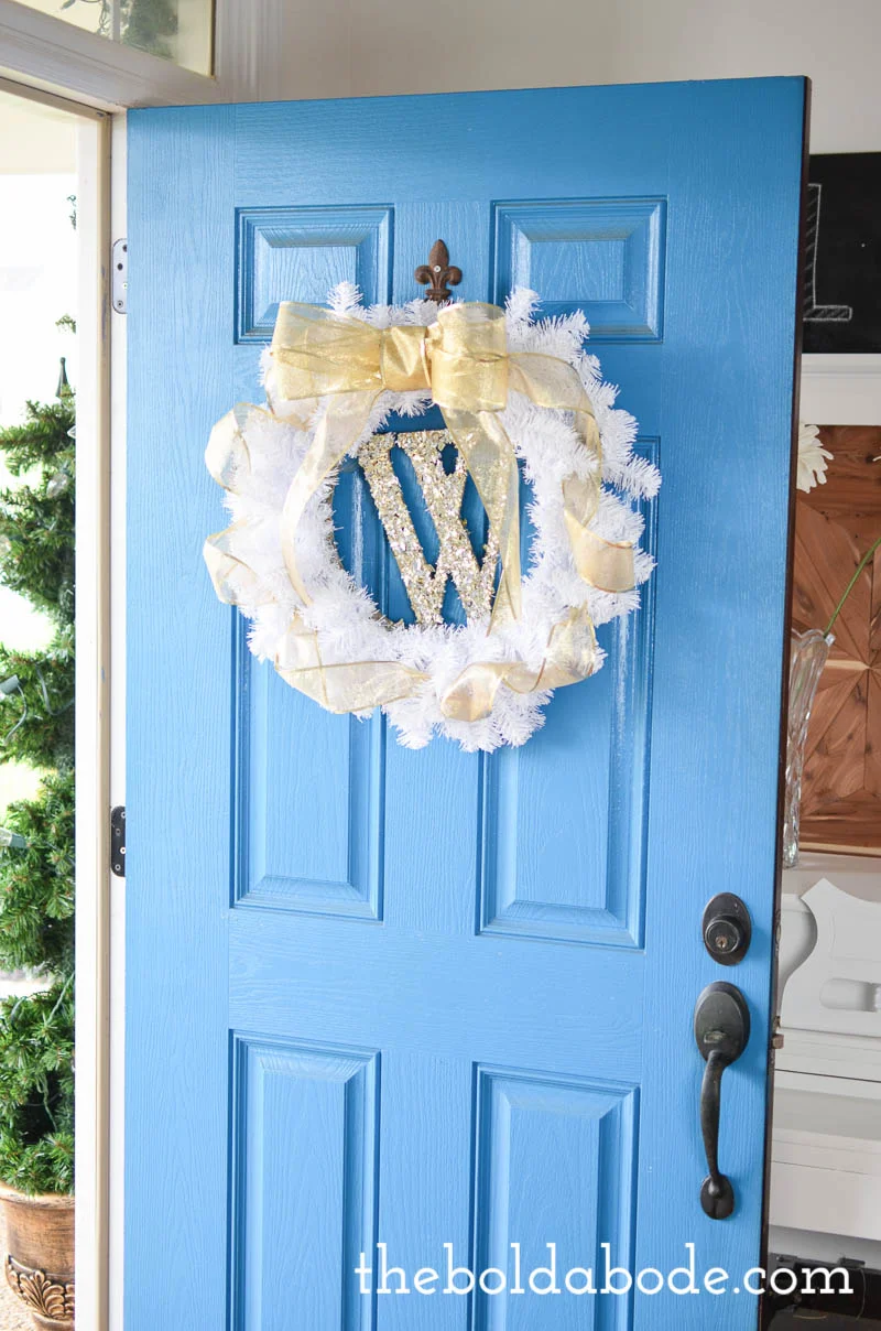 Gwen's white wreath on her gorgeous blue door.