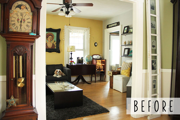 Looking into Karen's living room from the dining room. She had a mustard-yellow focal wall in the living room and a sage green in the dining room. 