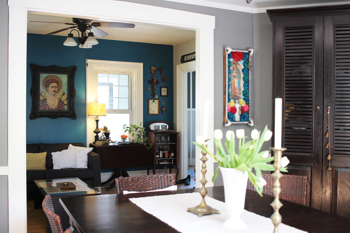 The new blue is a deep, rich turquoise which Karen has been wanting to do for a long time. The lovely medium-tone gray in the dining room is sophisticated and feels fresh and modern. 