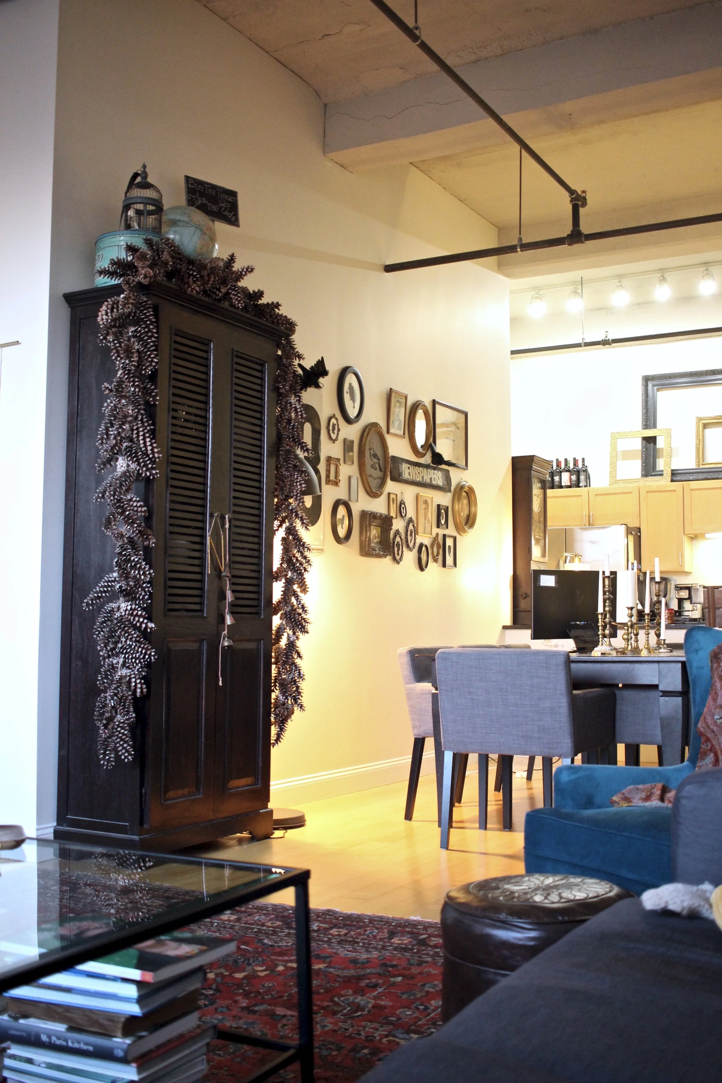 Karen's Loft decorated with handmade pinecone garland.