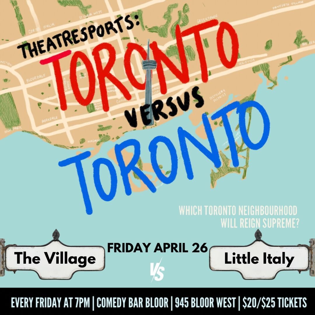 Join us TONIGHT at @comedybarto for THEATRESPORTS: TORONTO VS. TORONTO! The city's most exhilarating improv comedy battle where neighbourhood pride is at stake and only one neighbourhood can reign supreme! 

From the bustling streets of The Annex, to