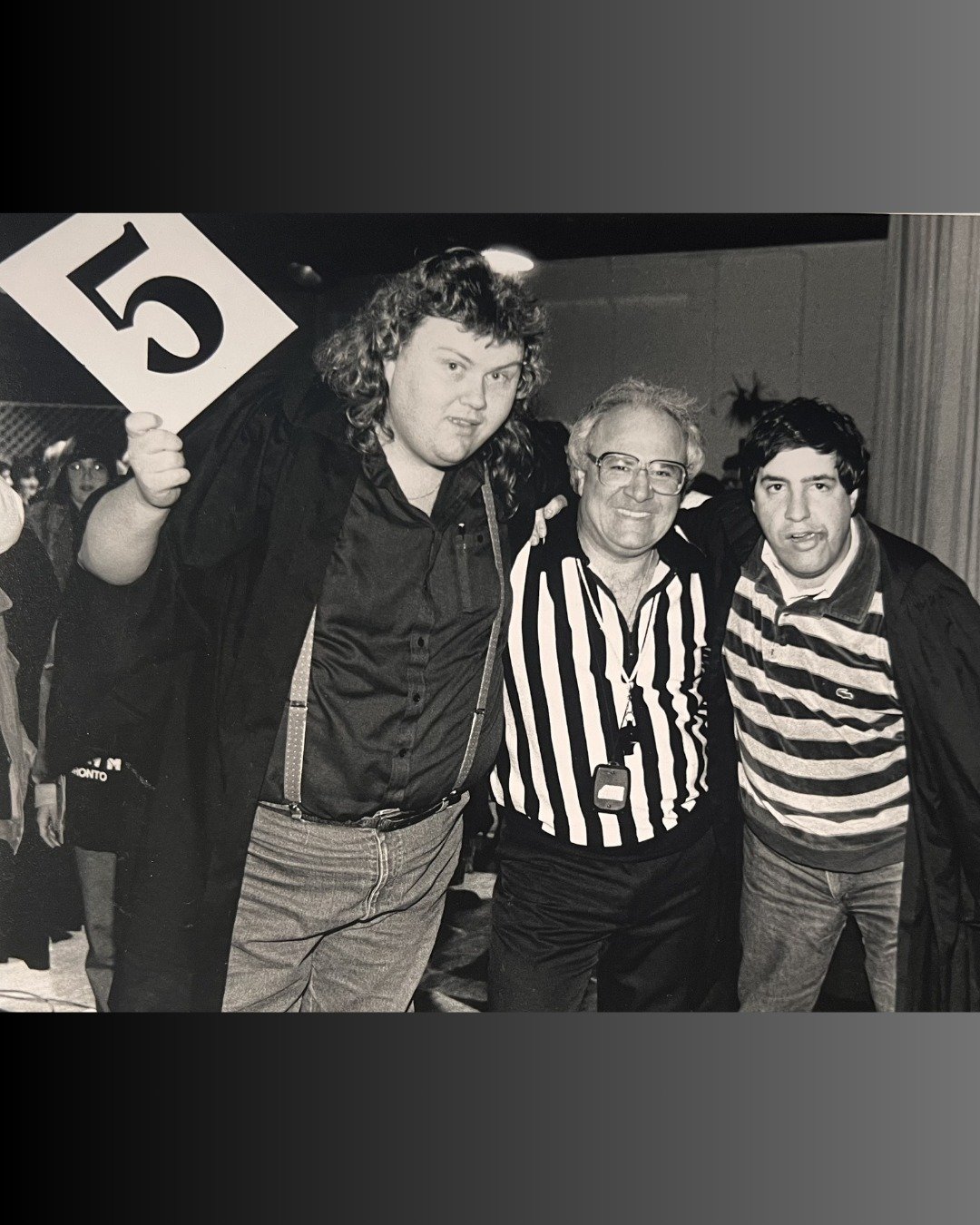 Check out this shot of Theatresports from 1980s, featuring  @brianeshelly, celebrity judge, and former Music Music VJ, the late Dan Gallagher, and the late Aubrey Lee Pancer!

You can still watch Toronto&rsquo;s Longest Running Improv Show every Frid